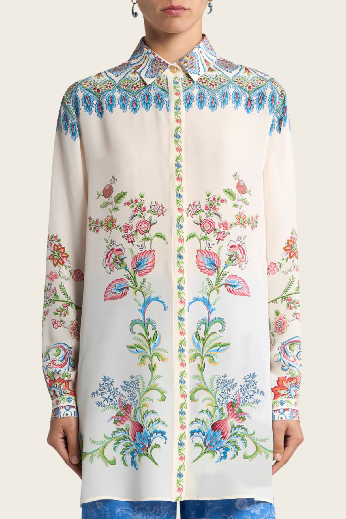 Long Silk Shirt With Placed Floral Print, Composition: 100% silk, Fit: Regular, relaxed silhouette, New Arrivals, SS26, Espace Cannelle