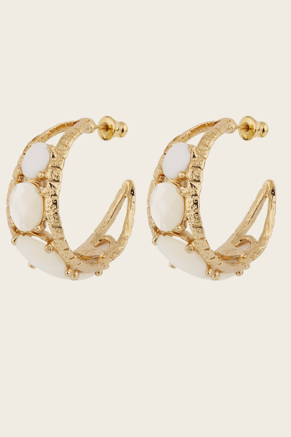 Orea cabochons hoop earrings White Mother-of-pearl, Material: Gold-plated metal with white Mother-of-pearl cabochons, Colour: Gold / White, Design: Engraved gold-plated hoops set with Mother-of-pearl cabochons, New Arrivals, FW25, Espace Cannelle