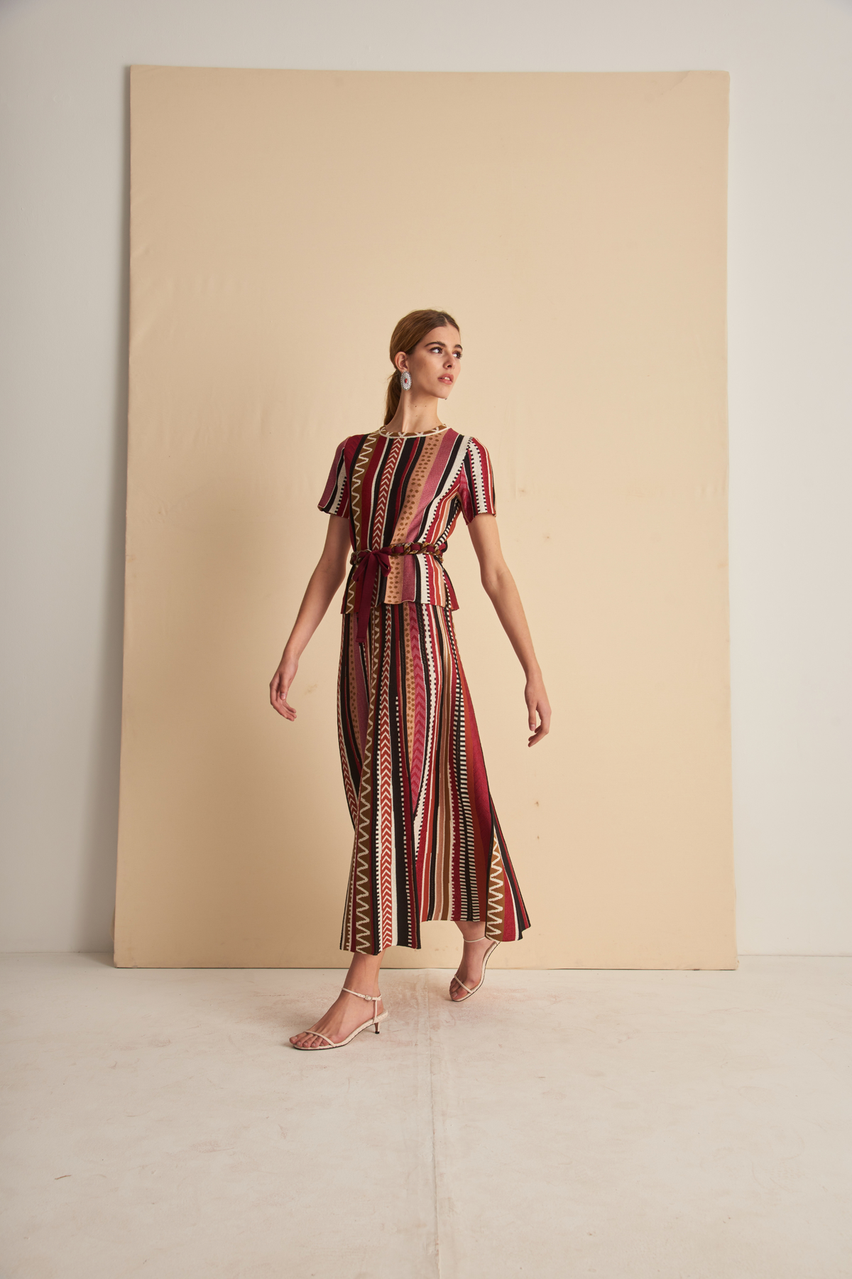 Carla skirt with striped and zigzag pattern by Cecilia Prado, front view on a model - espace cannelle