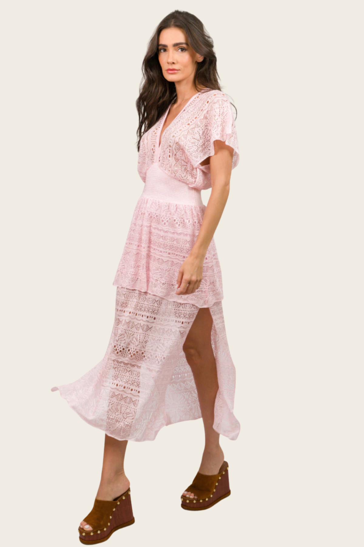 Savanah dress with openwork pattern by Cecilia Prado, angled view showing the side slit - espace cannelle