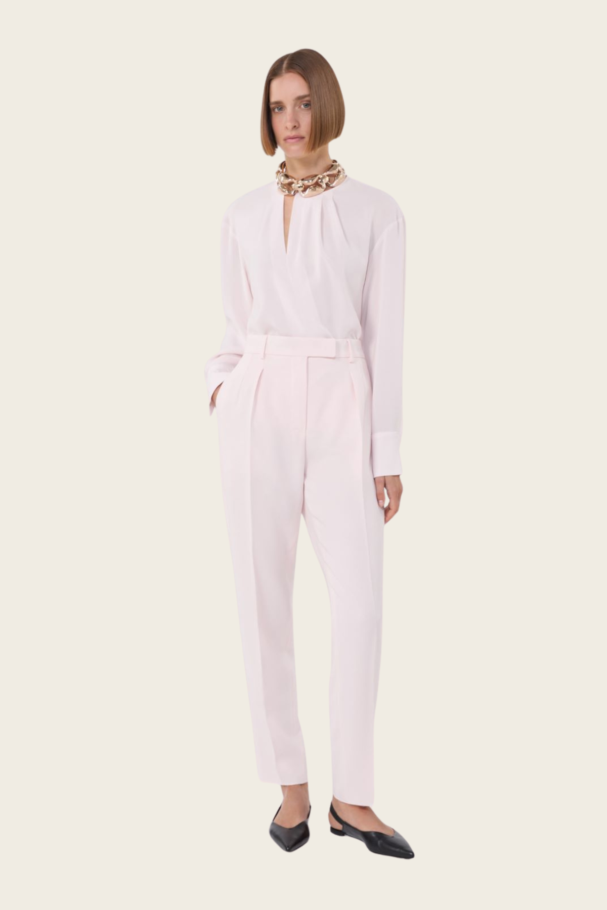 Technical cady trousers, Composition: 71% triacetate, 29% polyester, Colour: Pink, Slim-fit, straight-leg trousers cropped at the ankle, New Arrivals, SS26, Espace Cannelle