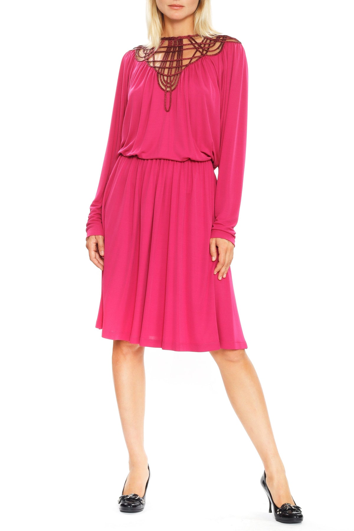 Pink A-line dress by Alberta Ferretti, full front view with openwork neckline - espace cannelle