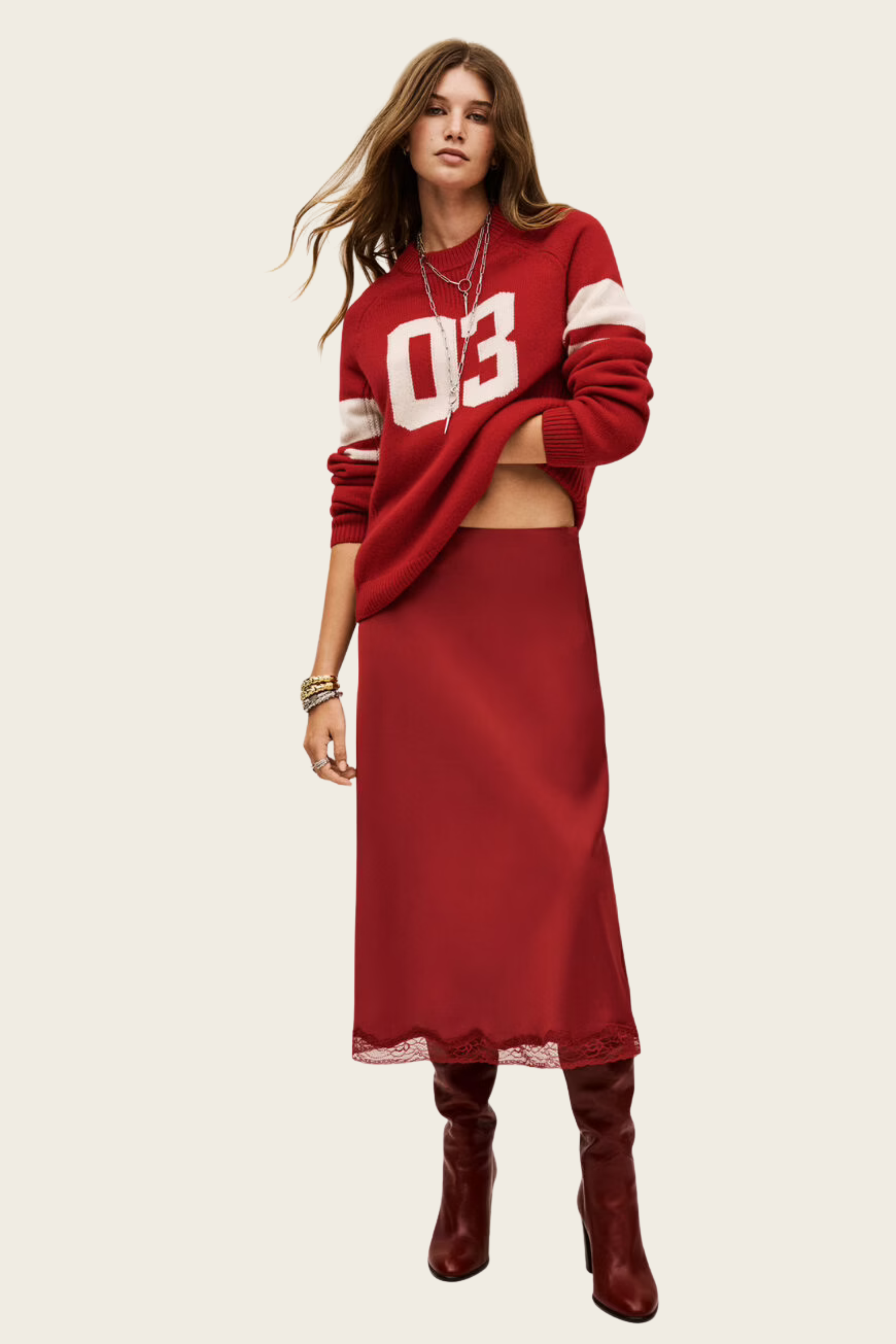 Cyla Midi-Length Skirt, Material: 60% Polyester, 40% Recycled Polyester, Colour: Red, Midi length, Espace Cannelle, FW25, New Arrivals