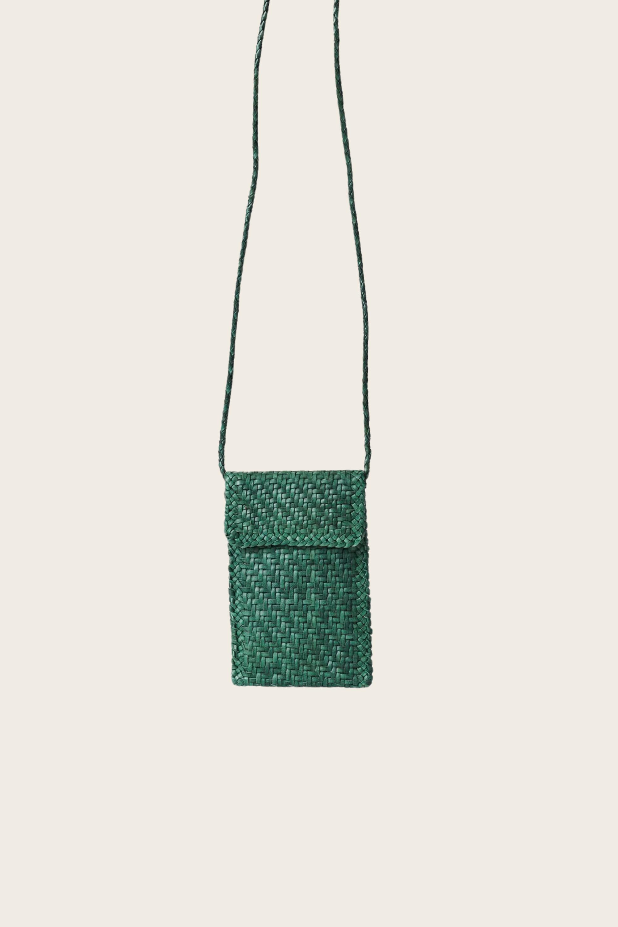 Phone Crossbody Forest, Composition: Handwoven buffalo calf leather, Colour: Forest, closure: Open top, New Arrivals, SS25, Espace Cannelle