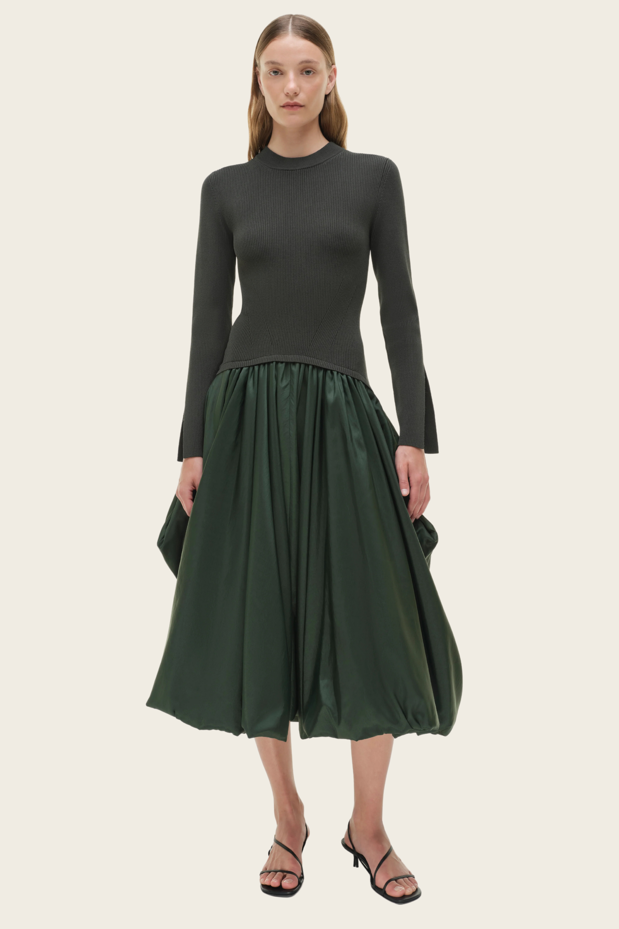 Kenlie Taffeta Knit Midi Dress, Composition: Viscose, Colour: Cypress, Mixed-media midi dress, New Arrivals, SS26, Espace Cannelle