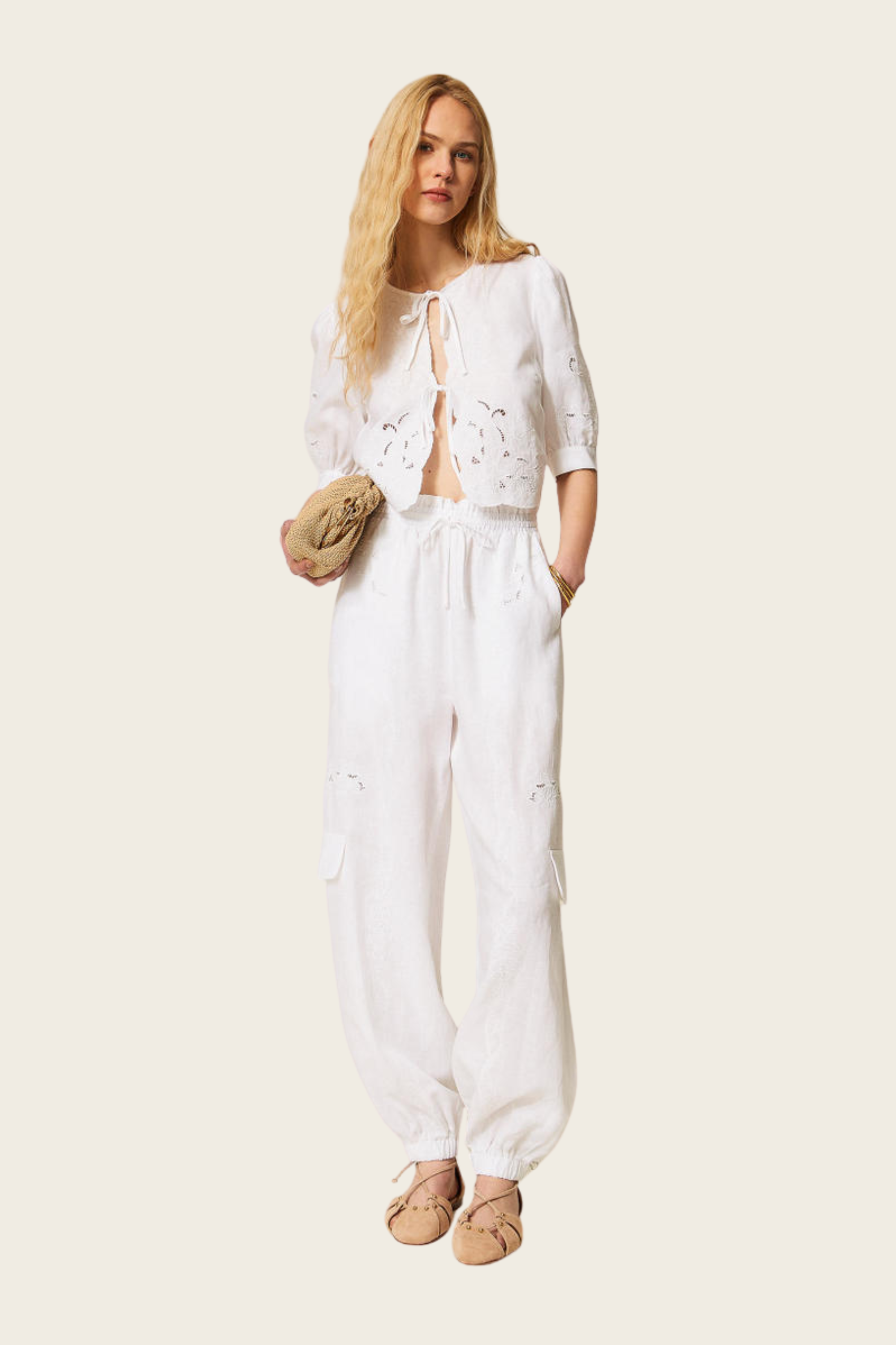 Linen and Broderie Anglaise Jogger Trousers - Twinset