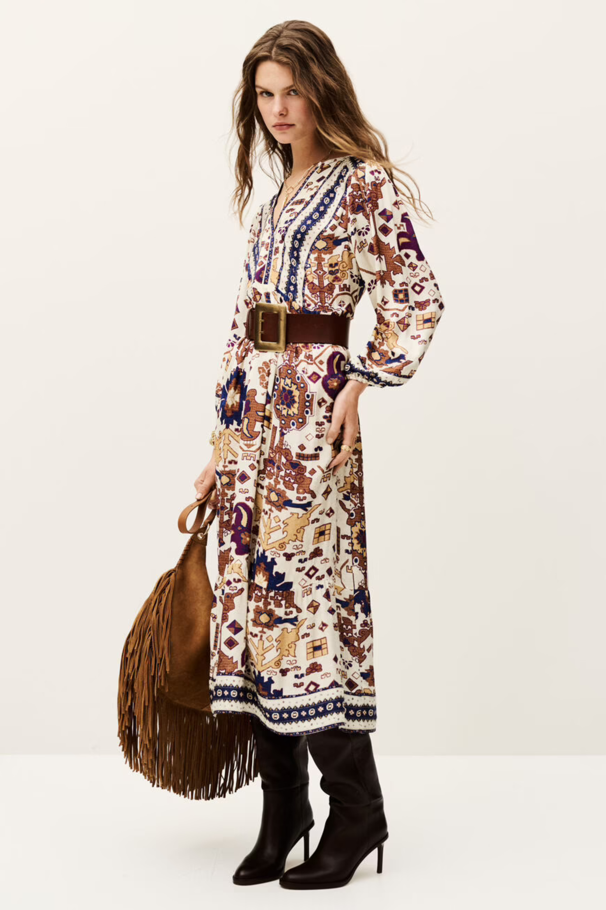 Valley Dress, 51% Viscose Eco Vero, 49% Viscose, Colour: Multicolour graphic print, V-neck design with bishop sleeves, New Arrivals, SS25, Espace Cannelle