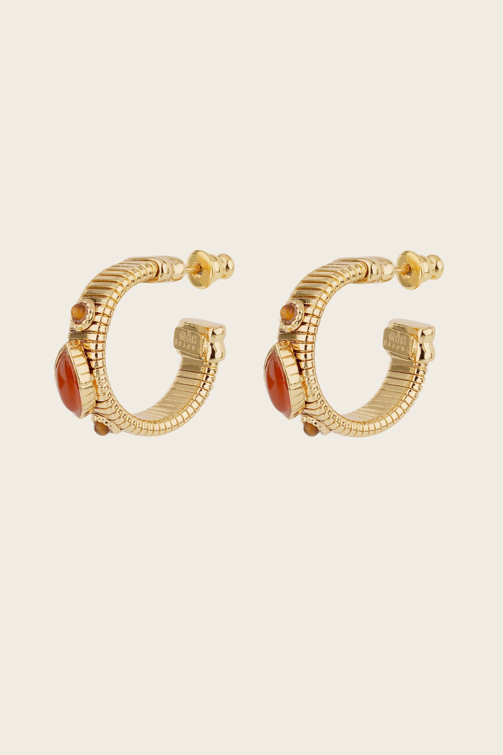 Carnelian & Tiger eye's Strada cabochons hoop earrings - Gas Bijoux