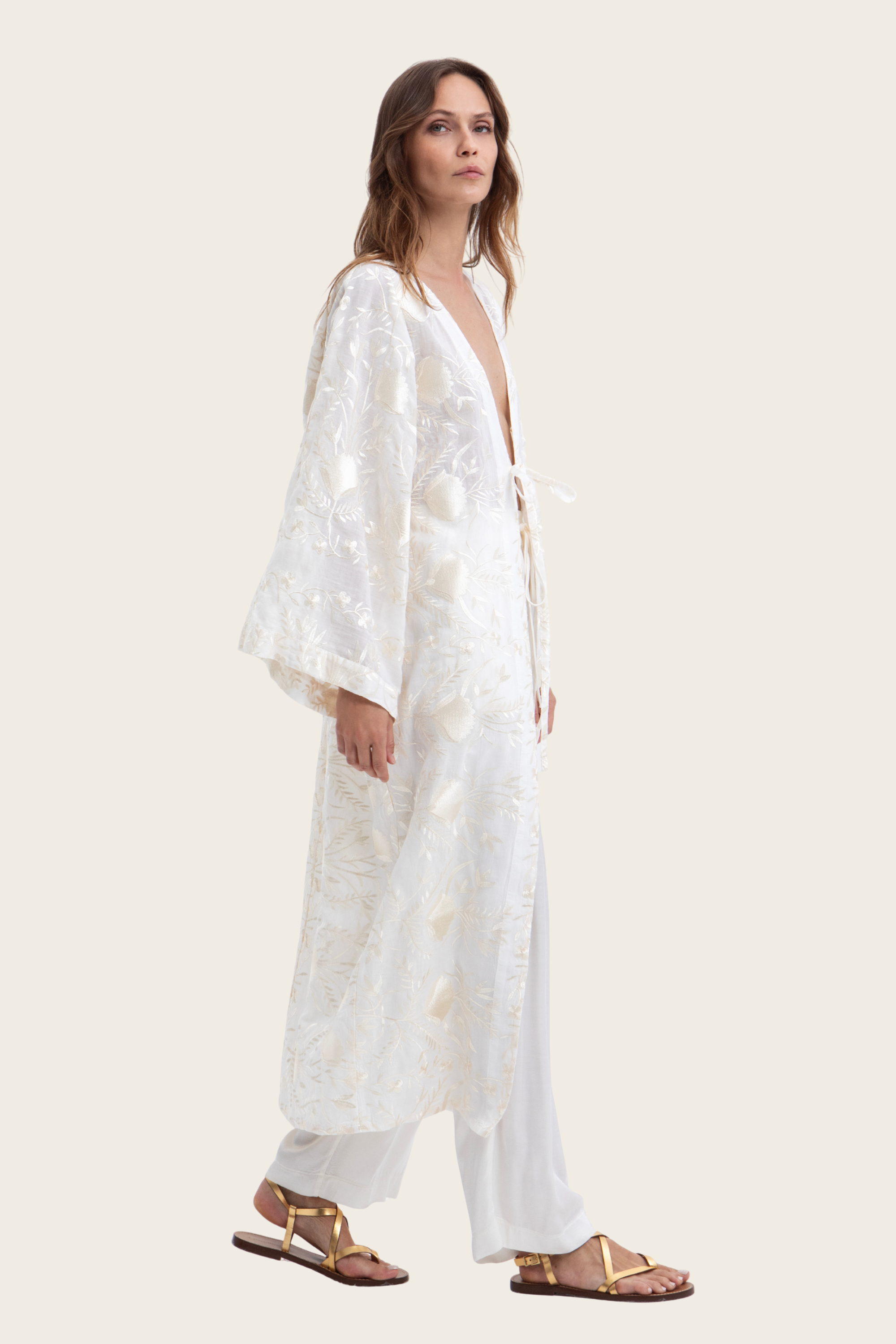 Embroidered Longline Cover-Up - Greek Archaic Kori - ESPACE CANNELLE