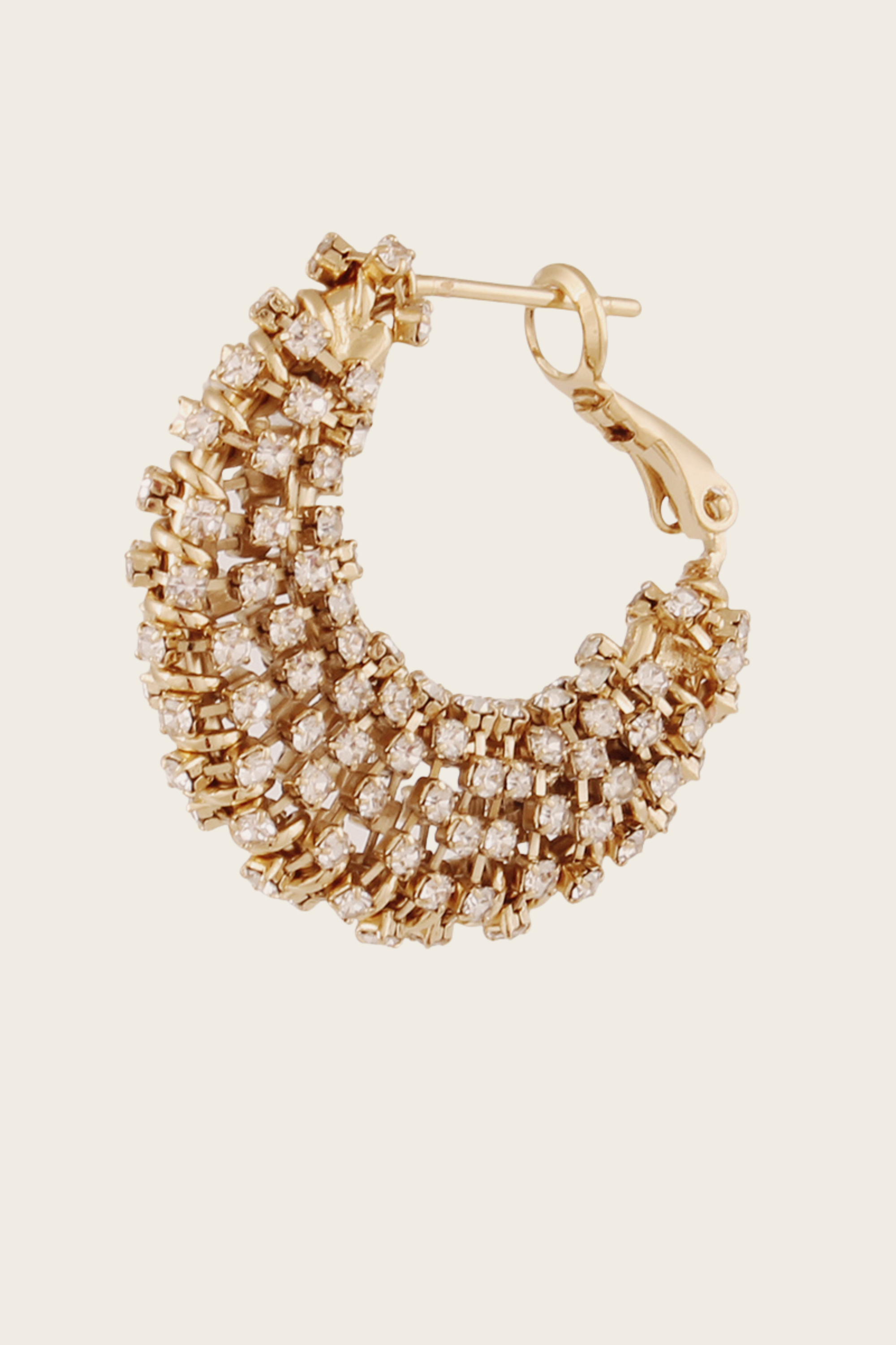 Izzia strass earrings small size, Material: Gold-plated metal with rhinestone detailing, Colour: Gold / Clear strass, Design: Hoop earrings wrapped with rhinestone-covered wire, New Arrivals, FW25, Espace Cannelle