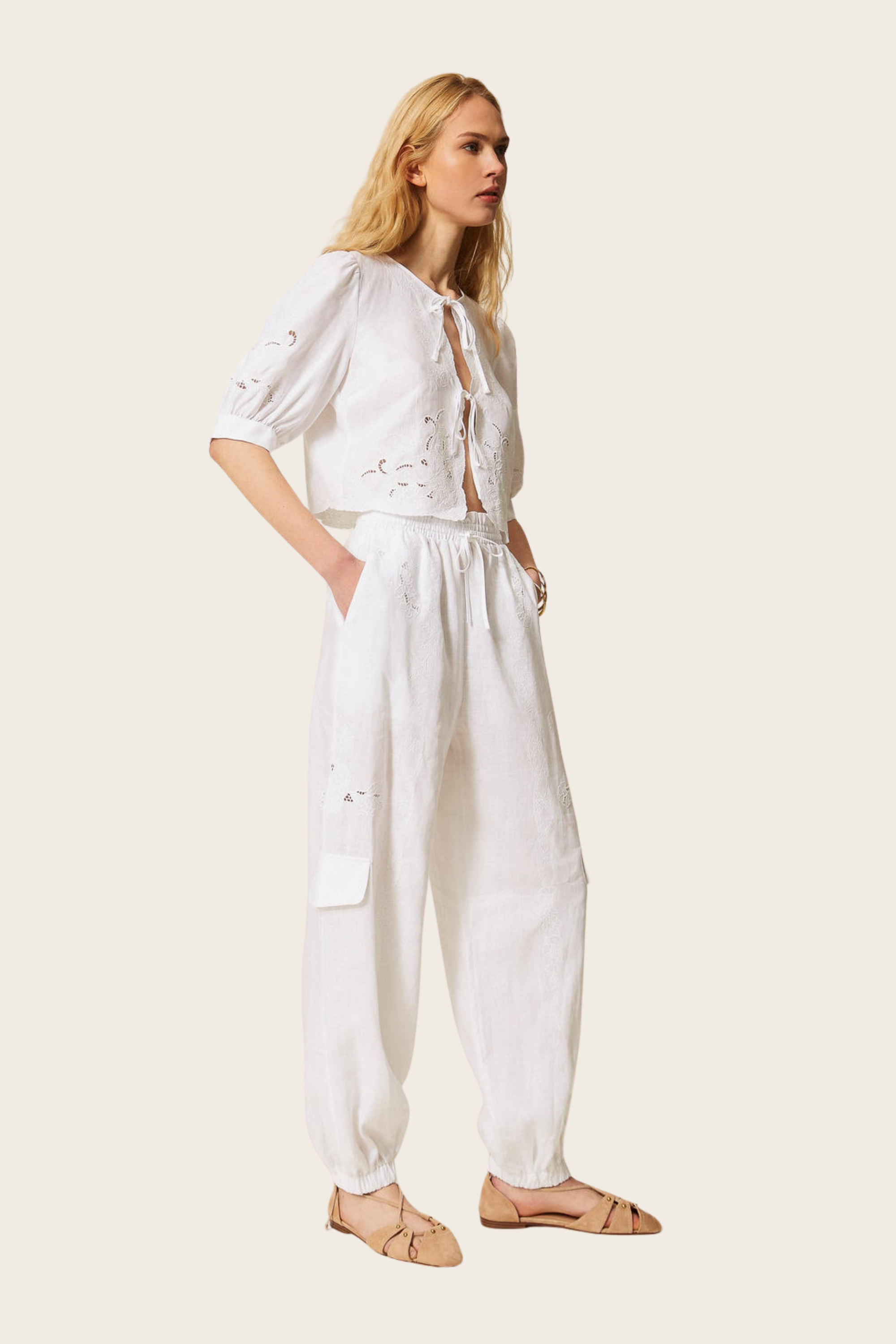 Linen and Broderie Anglaise Jogger Trousers - Twinset