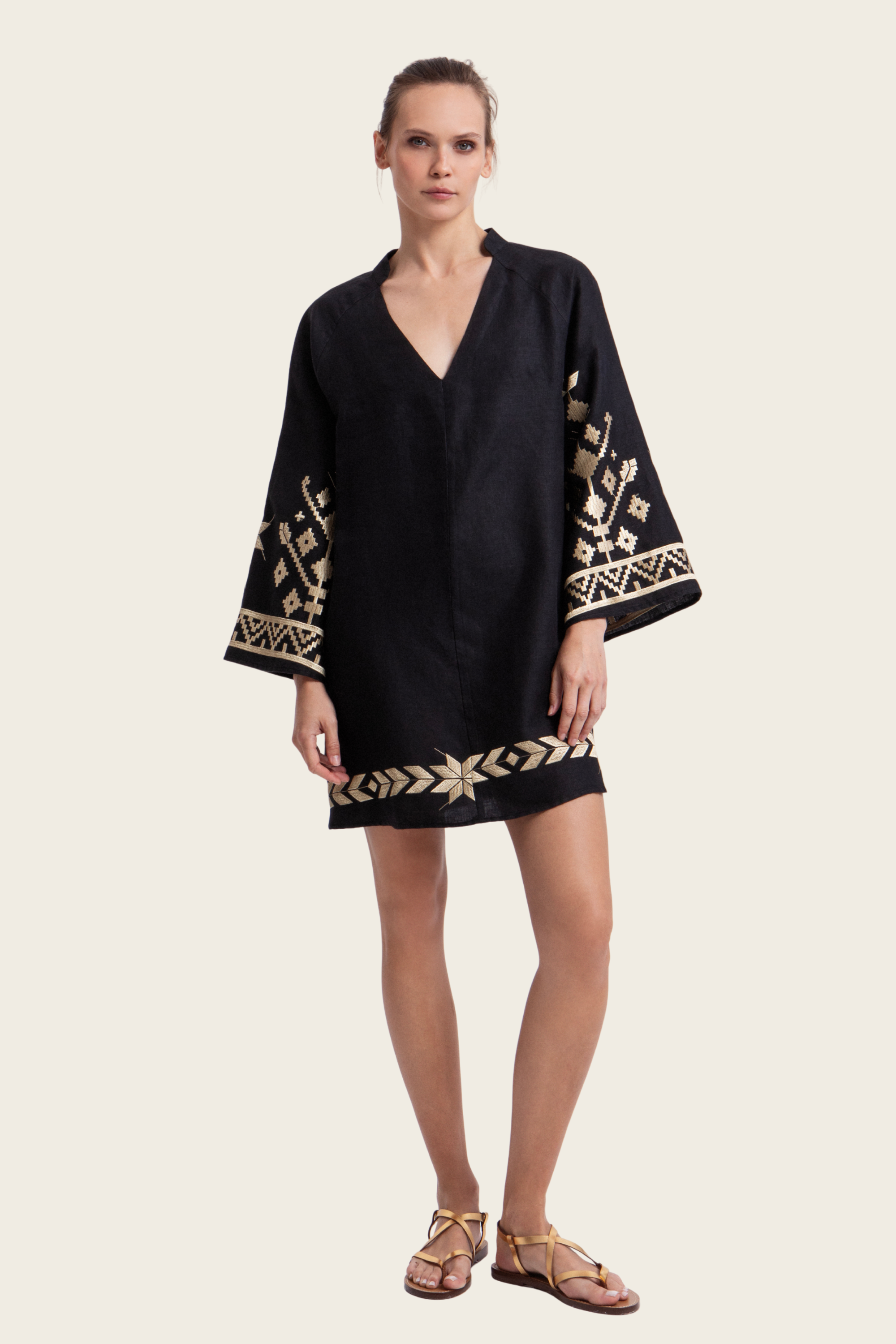 Embroidered Linen Mini Dress - Greek Archaic Kori - ESPACE CANNELLE