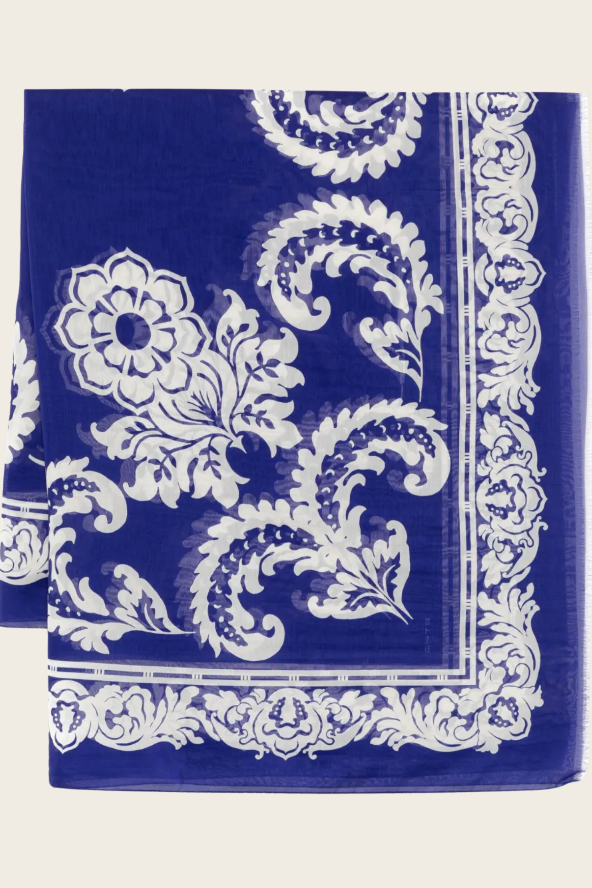 Floral-Print Scarf, Composition: 70% cotton, 30% silk, Colour: Royal blue with floral print, Rectangular shape, New Arrivals, SS25, Espace Cannelle