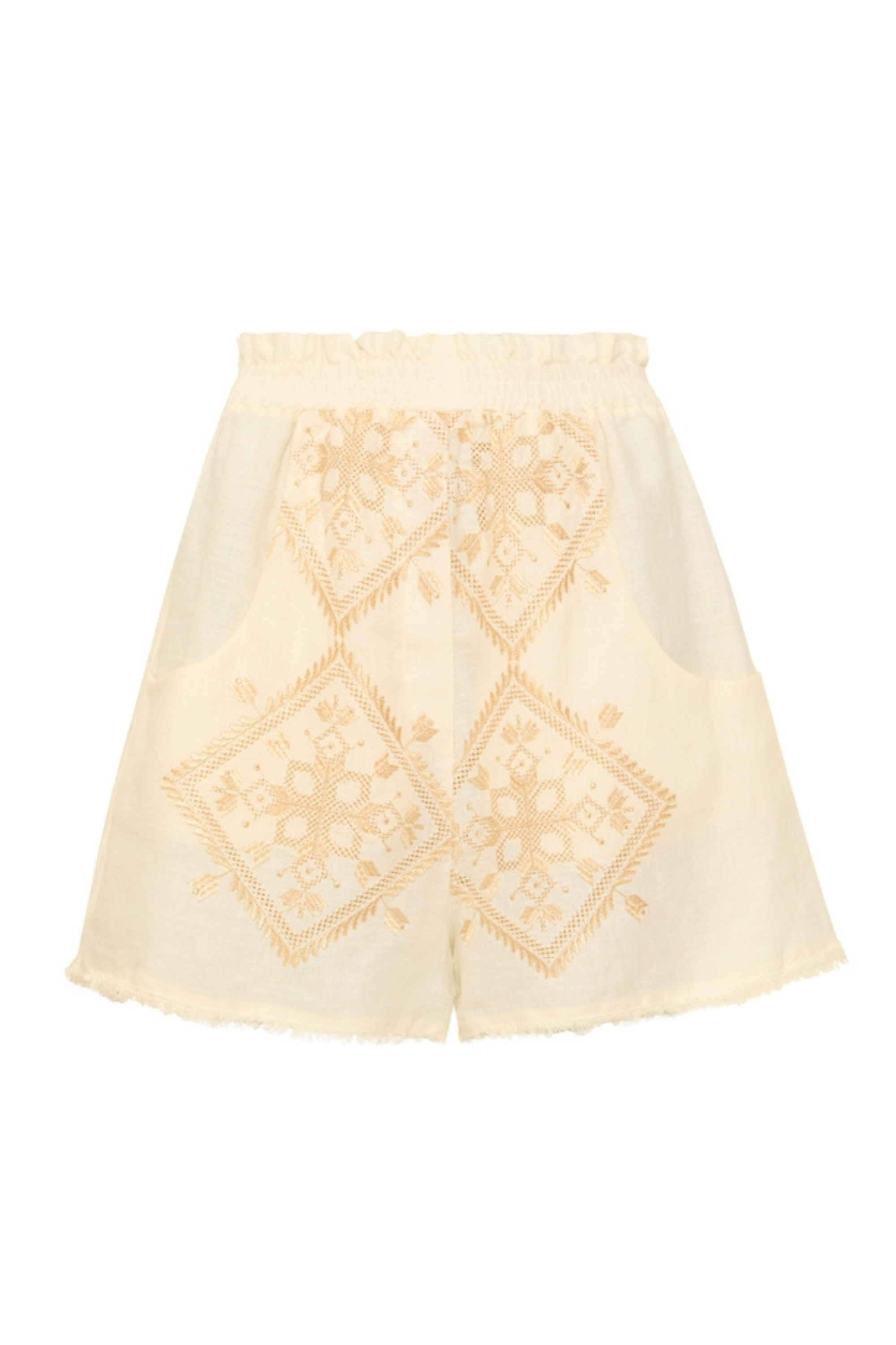 Lefkada Shorts, Colour white and gold, Composition 100% linen Embroidery 100% polyester, High-waisted silhouette, New Arrivals, SS25, Espace Cannelle