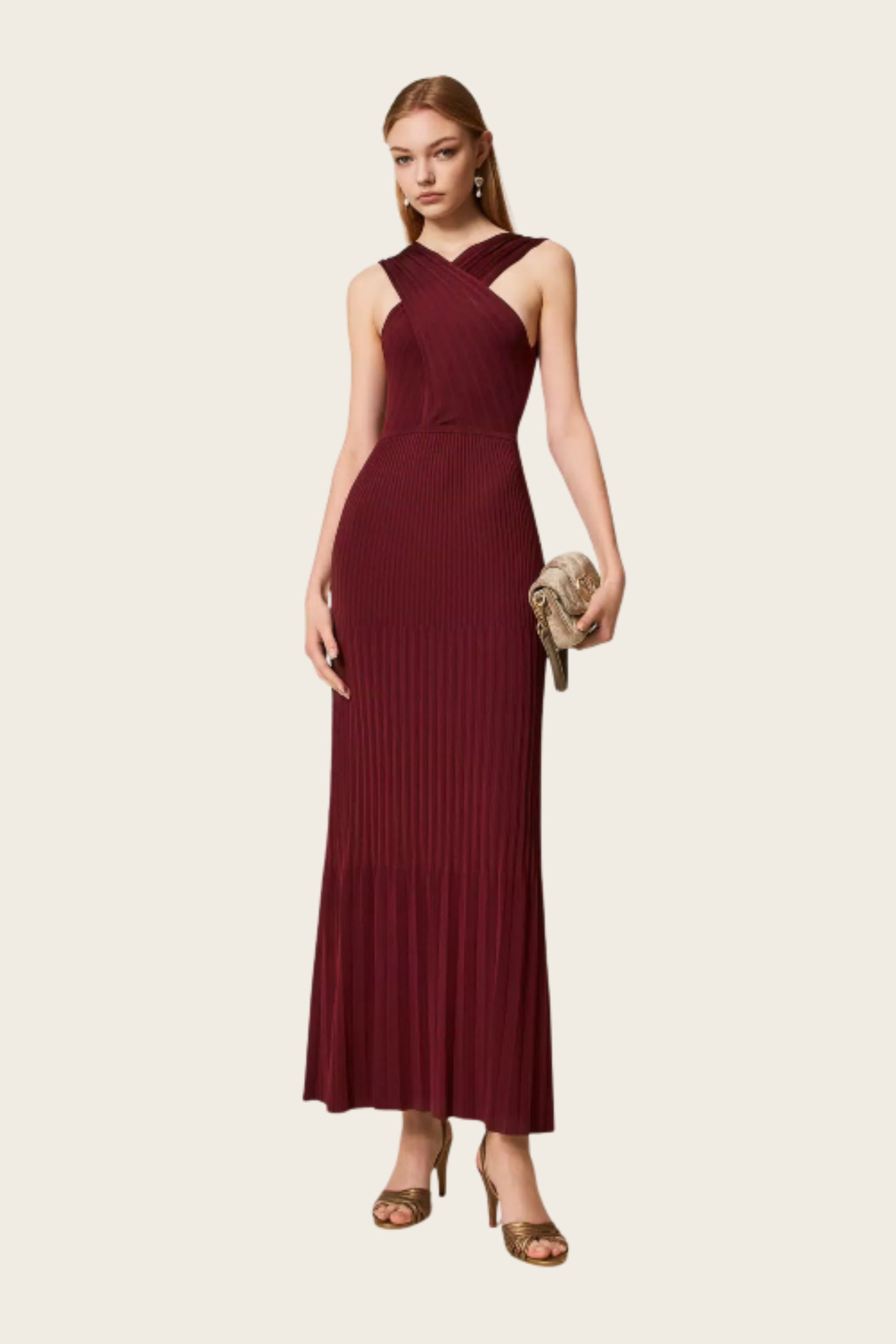 Long crossover knit dress - Material: 77% Viscose, 23% Polyamide - Colour: Light Winetasting - Fit: Fitted - New Arrivals - FW25 - Espace Cannelle