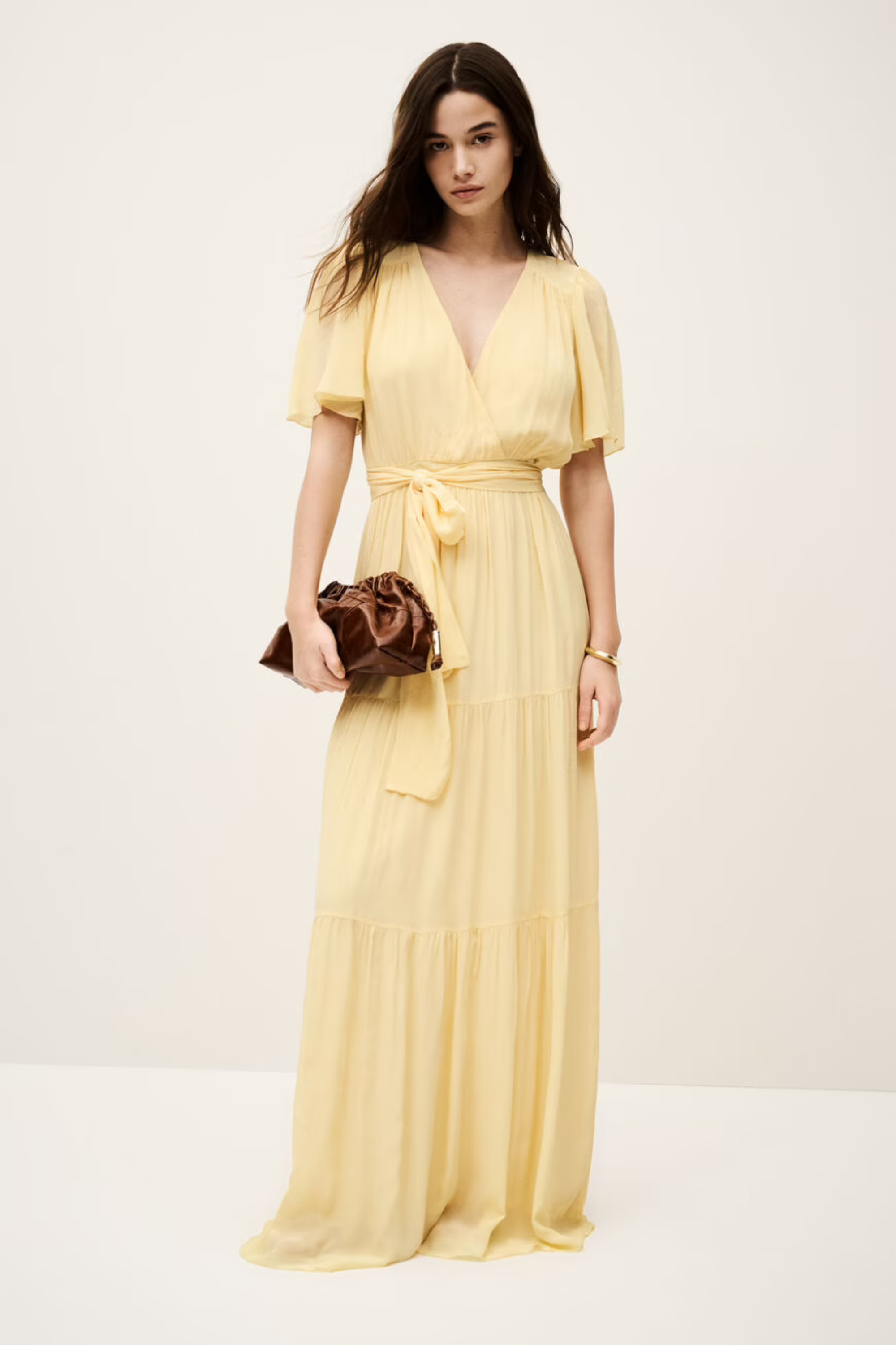 Natalia long pleated dress, Composition 100% Viscose, Colour beige, Maxi dress, New Arrivals, SS25, Espace Cannelle