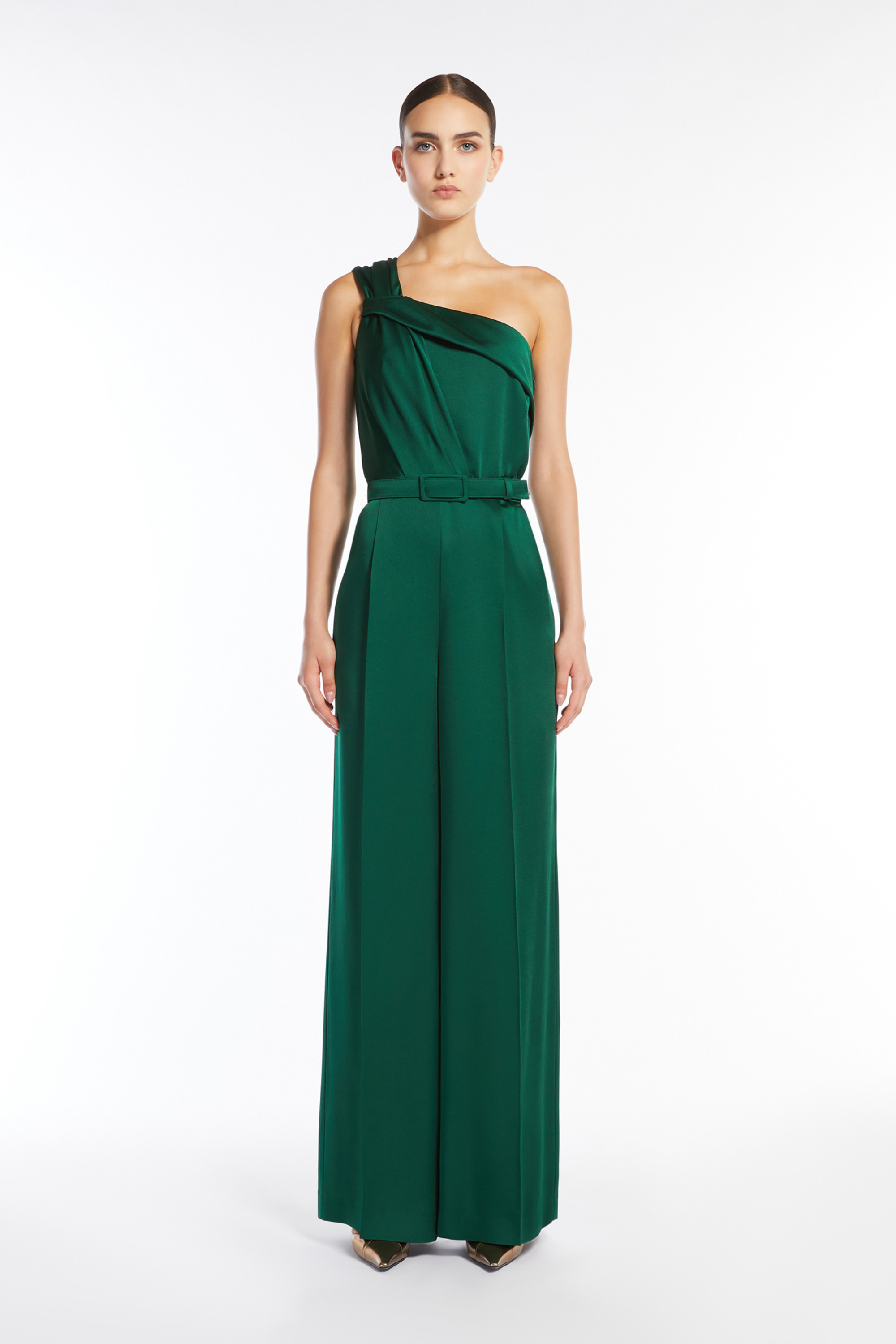 Gioire envers satin one-shoulder jumpsuit, Composition: 71% Acetate, 29% Viscose, Colour: Emerald, One-shoulder design, New Arrivals, SS25, Espace Cannelle