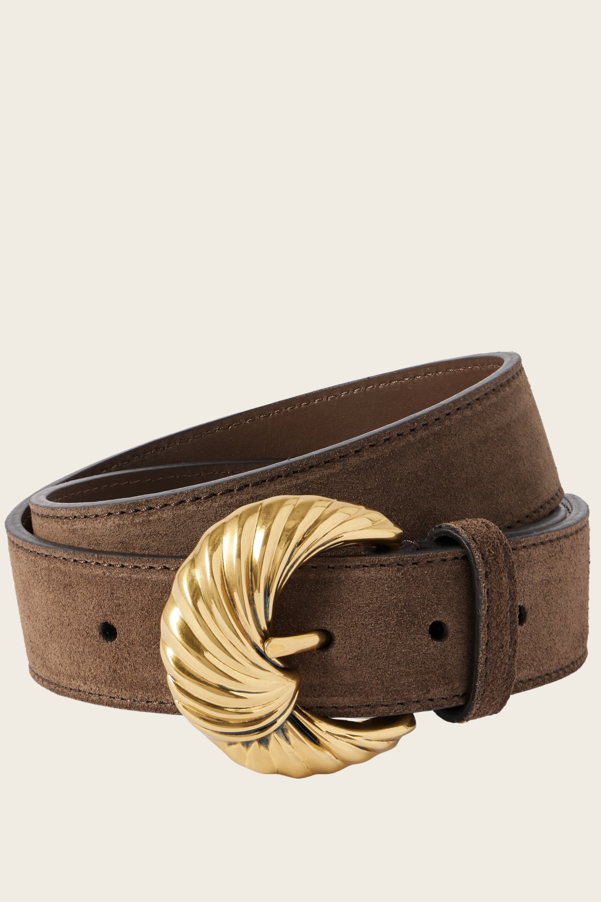 Suede Belt - Material: 100% Calf Suede - Colour: Dark Brown - Gold-tone sculptural buckle - New Arrivals - FW25 - Espace Cannelle