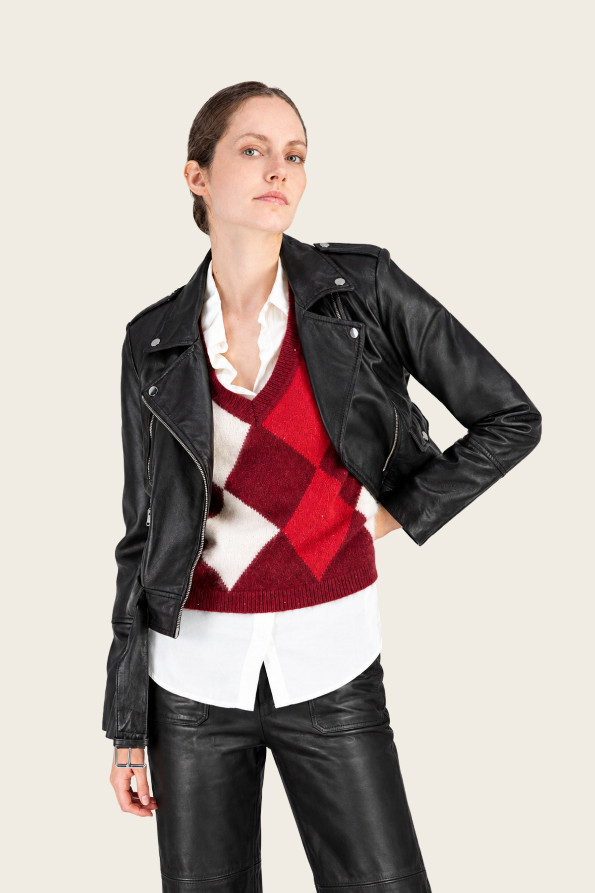 Black Biker jacket by Max&Moi, worn open with notched lapels - espace cannelle