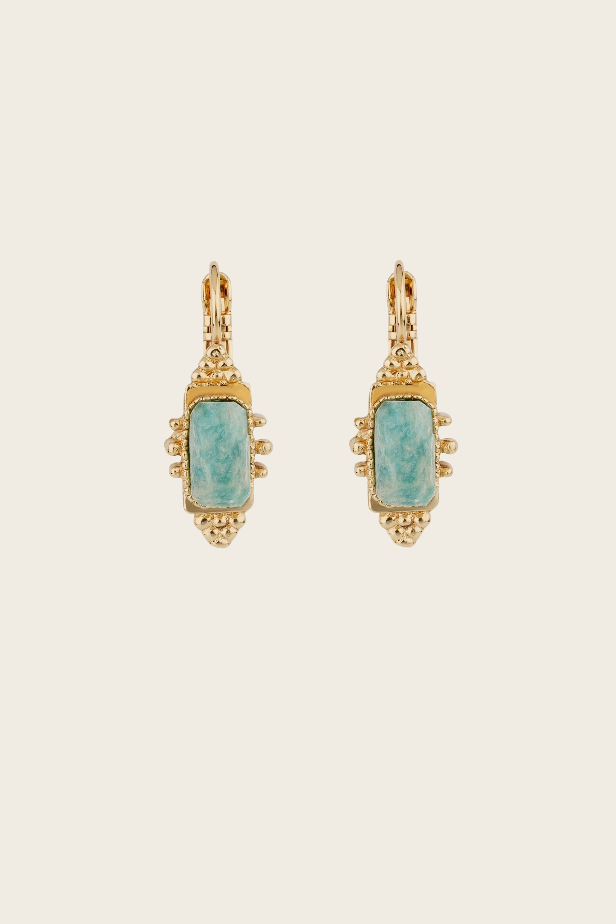 Serti Talisman earrings Amazonite, Material: Gold-plated metal with black basalt gemstone, Colour: Gold / Blue, Design: Drop earrings with talismanic black basalt stone, New Arrivals, FW25, Espace Cannelle