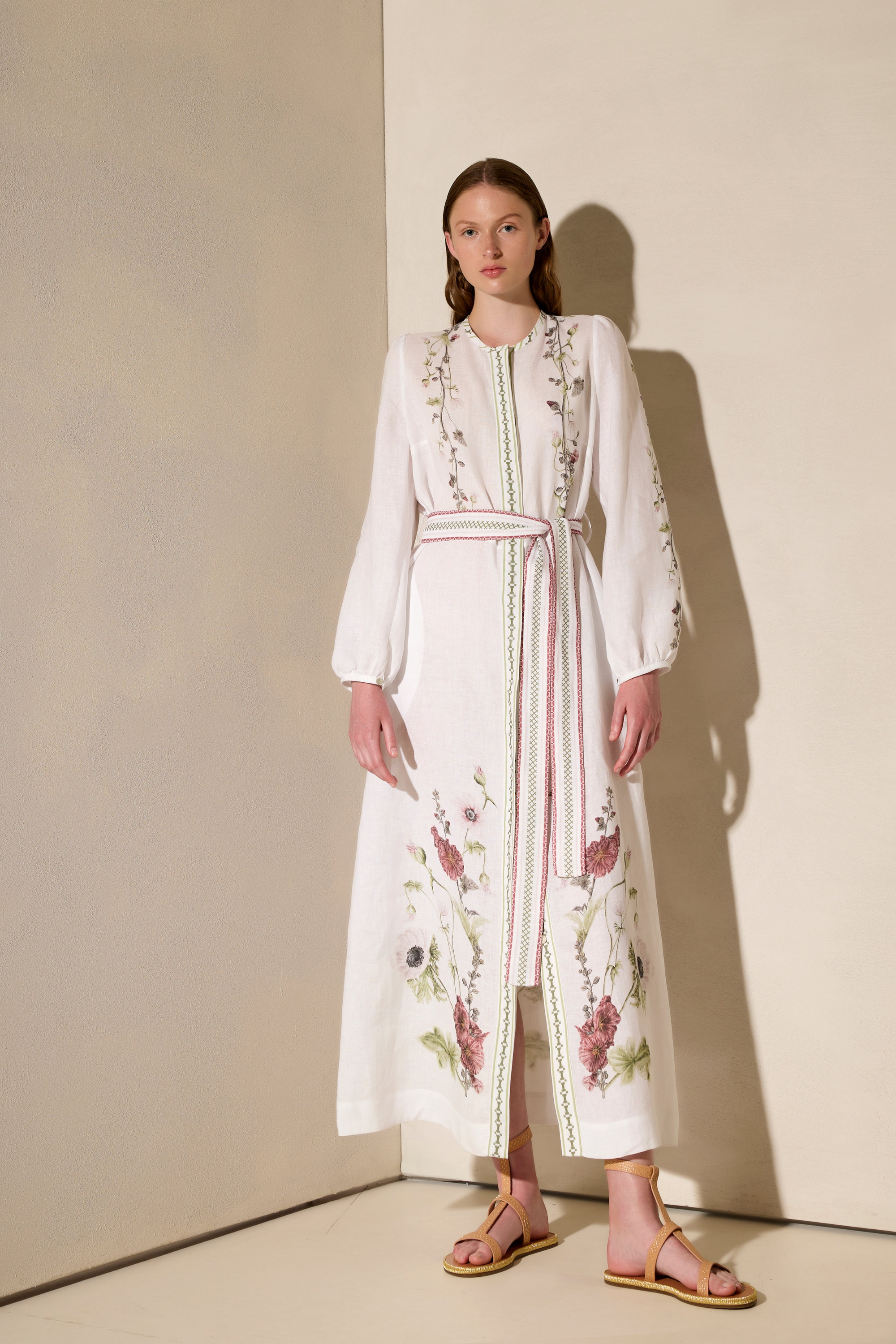 Wild Flowers Printed Long Shirt Dress, Colour Off White, 100% Linen, Matching tie belt, New Arrivals, SS25, Espace Cannelle