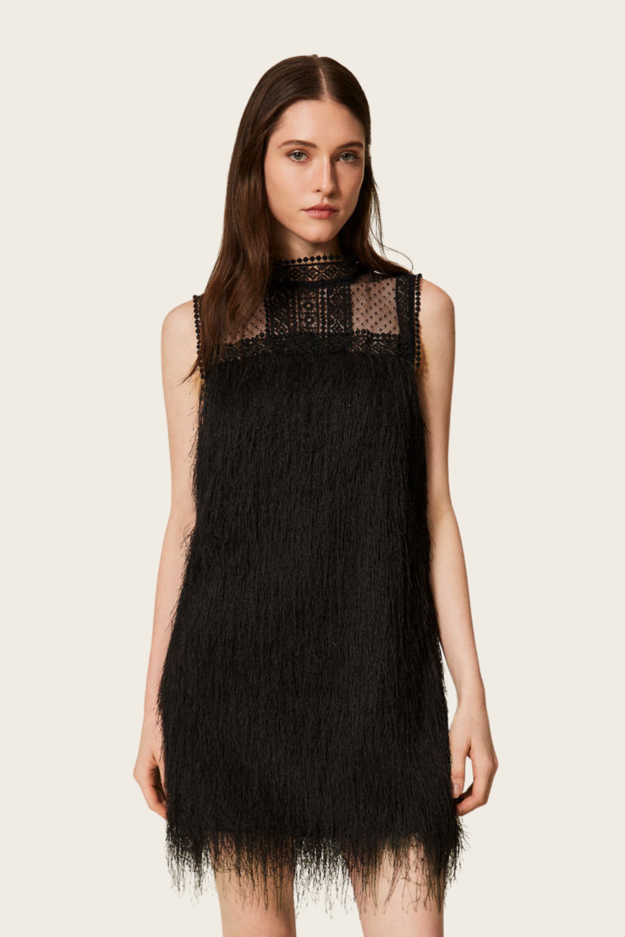 Short dress with fringes and tulle, Colour: Black, Composition: 100% polyester, Material 2: 100% polyester, New Arrivals, FW25, Espace Cannelle