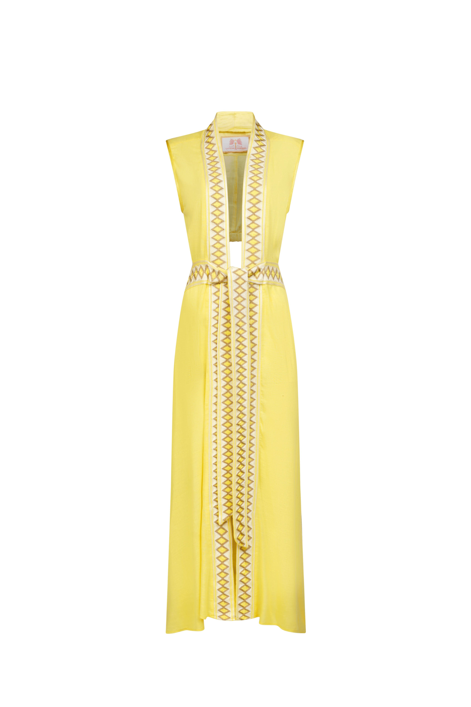 Thalie Dress, Composition 53% Cotton 47% Viscose, Colour yellow with golden and yellow embroidery, Sleeveless design, New Arrivals, SS25, Espace Cannelle