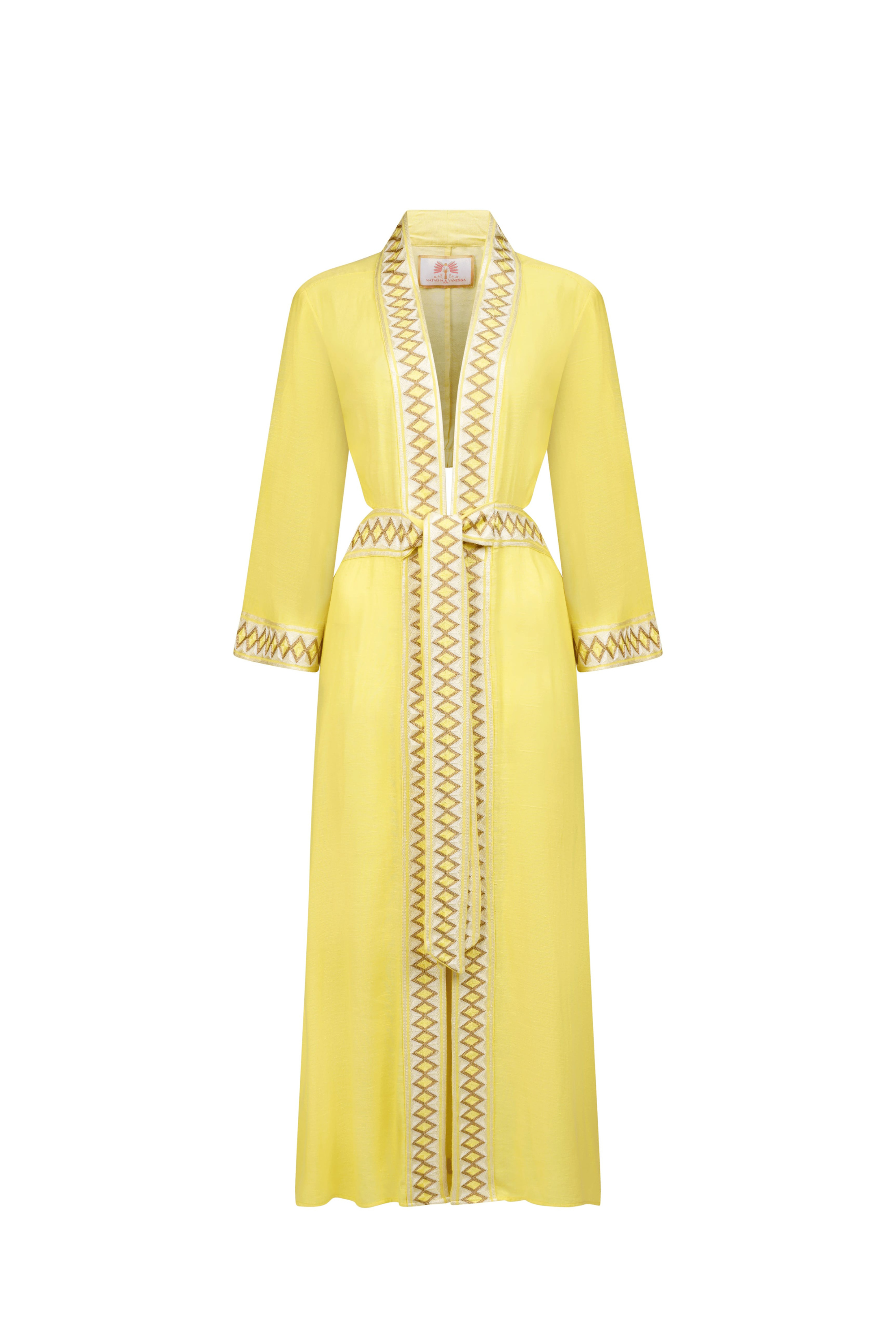 Athena Dress, Composition 53% Cotton 47% Viscose, Colour vibrant yellow with golden and yellow embroidery, New Arrivals, SS25, Espace Cannelle