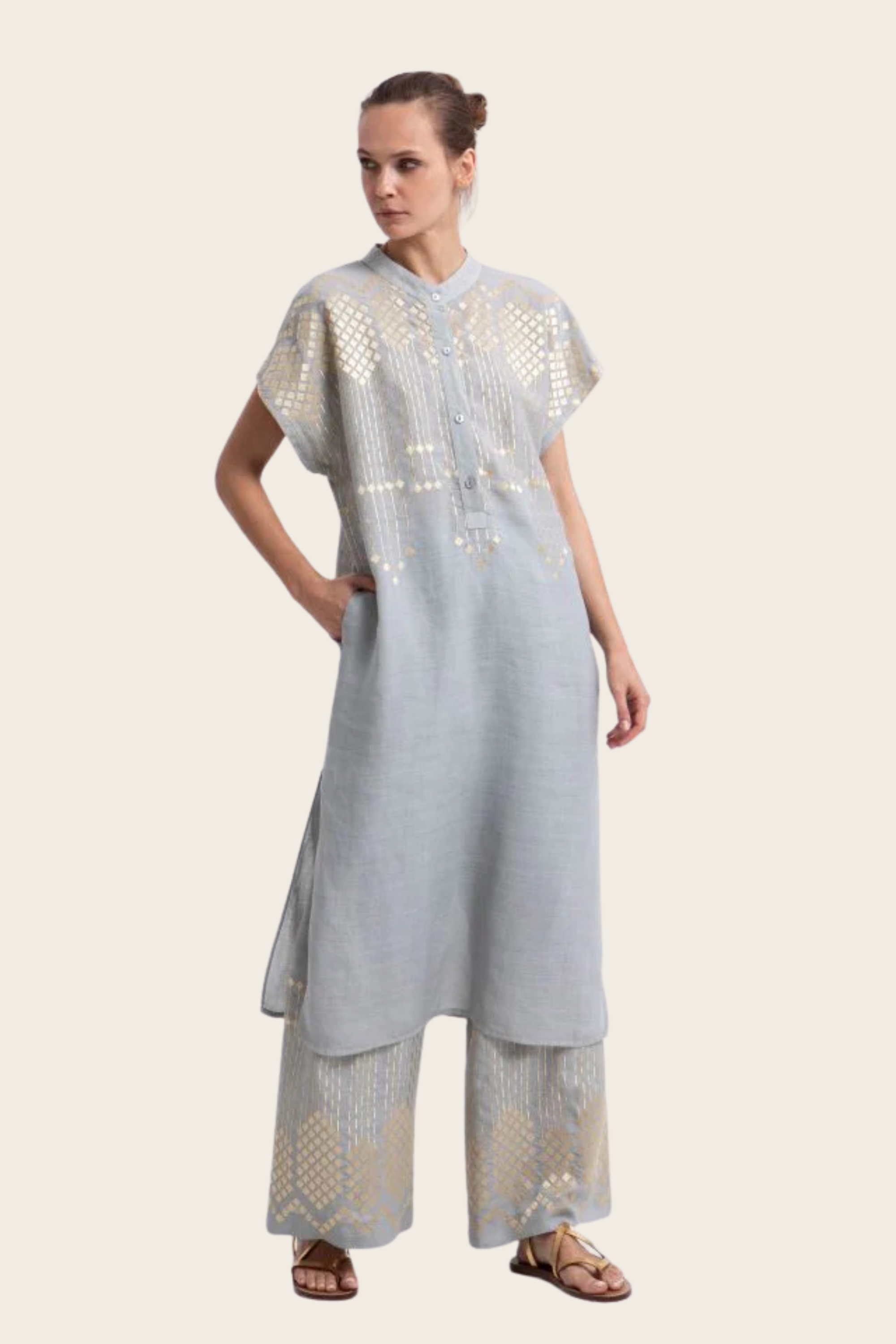 Embroidered Short Sleeve  Tunic Dress - Greek Archaic Kori