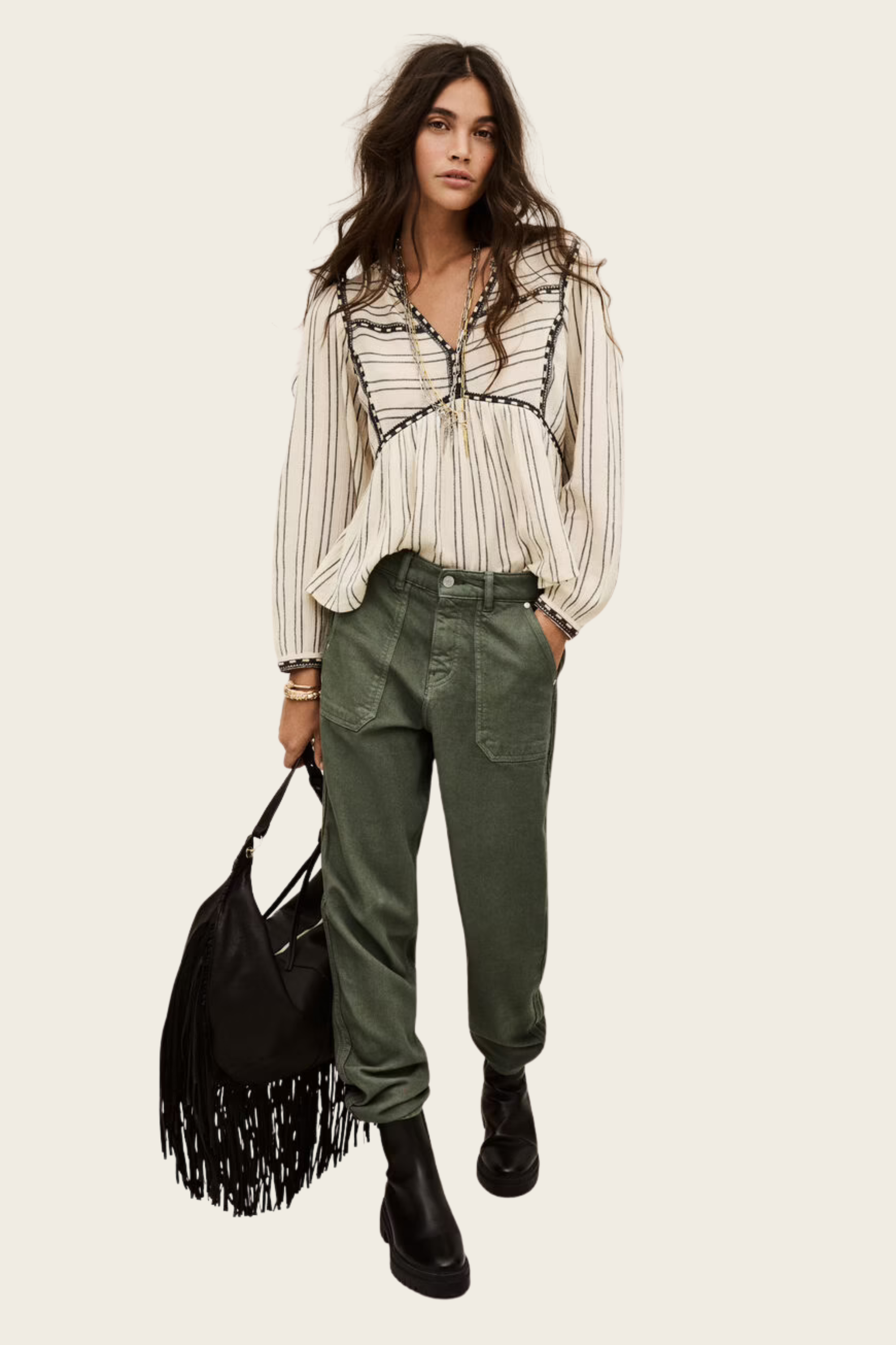 Khaki Cali jogging-style trousers, Composition: 54% Cotton, 46% Viscose, Colour: Green Khaki, Loose fit, New Arrivals, Espace Cannelle, FW25