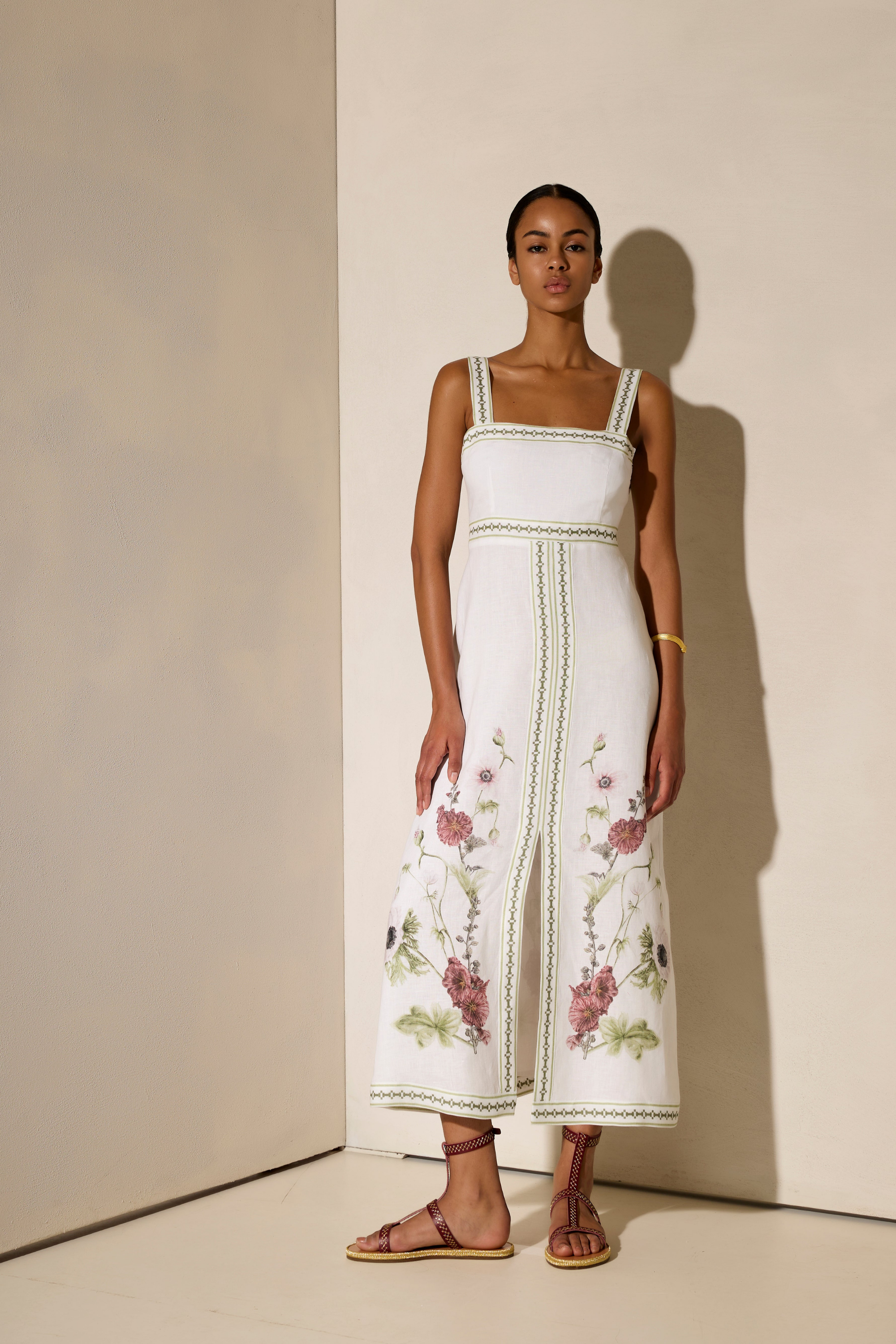 Wild Flowers Printed Long Sundress, Colour Off White, 100% Linen, Ankle length, New Arrivals, SS25, Espace Cannelle