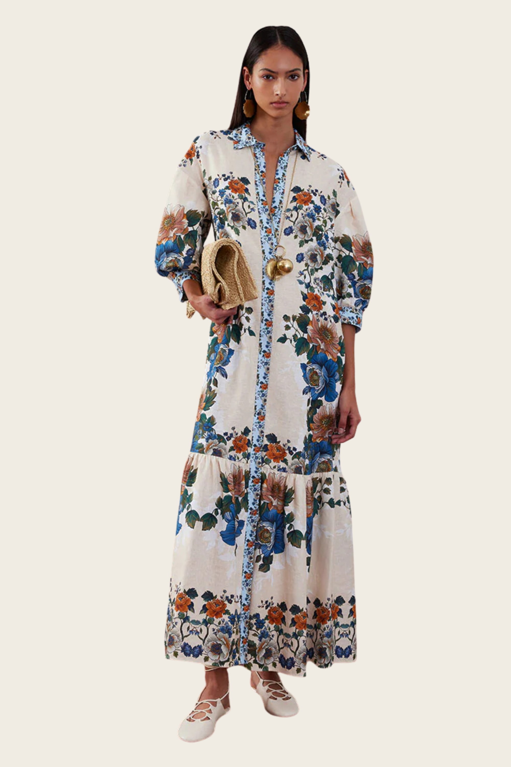 Magical Blossom Cream Bianca Linen Maxi Dress - Borgo de Nor, Material: 100% linen (soft and crease-resistant), Dropped shoulders, Puff sleeves, New Arrivals, SS26, Espace Cannelle