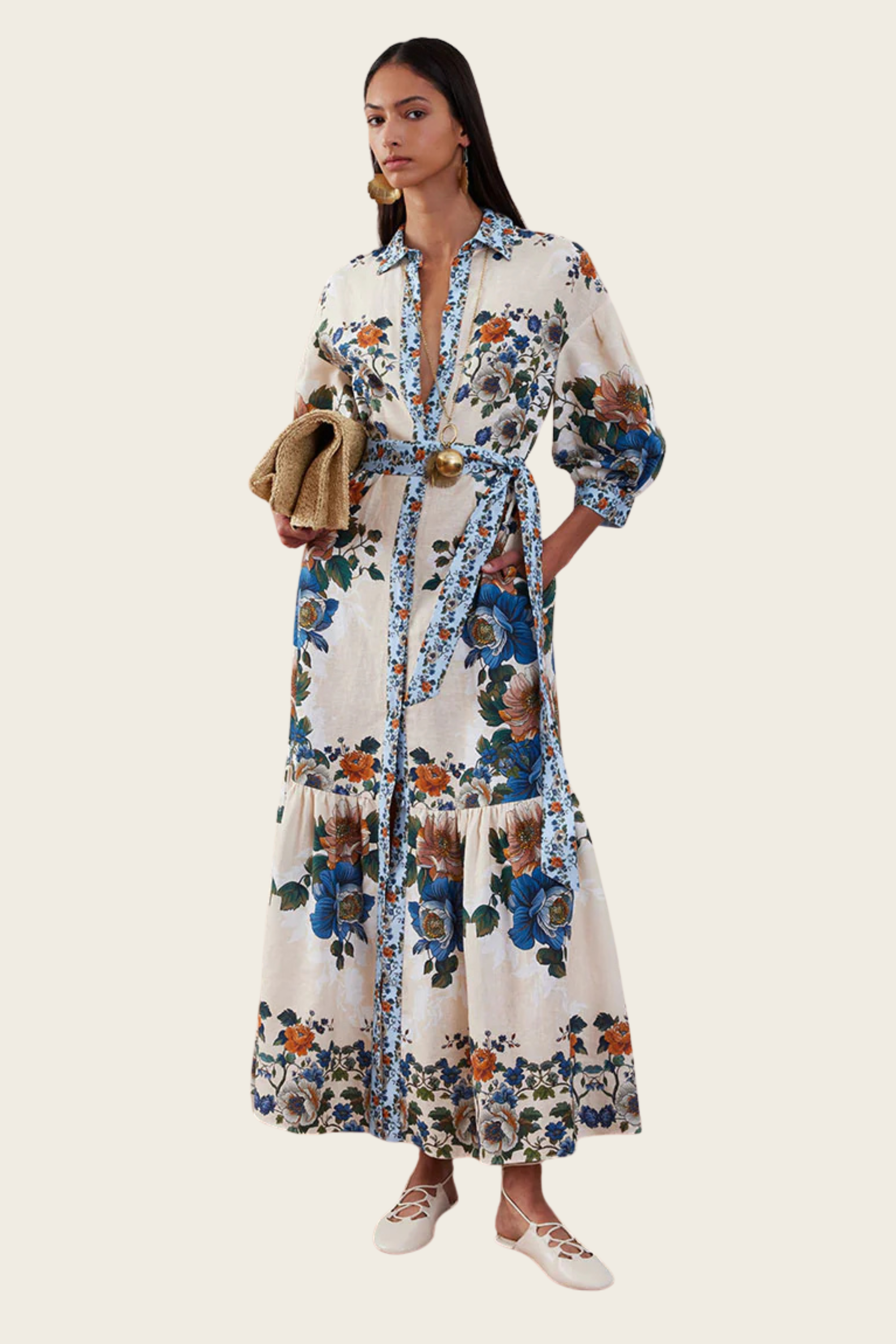 Magical Blossom Cream Bianca Linen Maxi Dress - Borgo de Nor