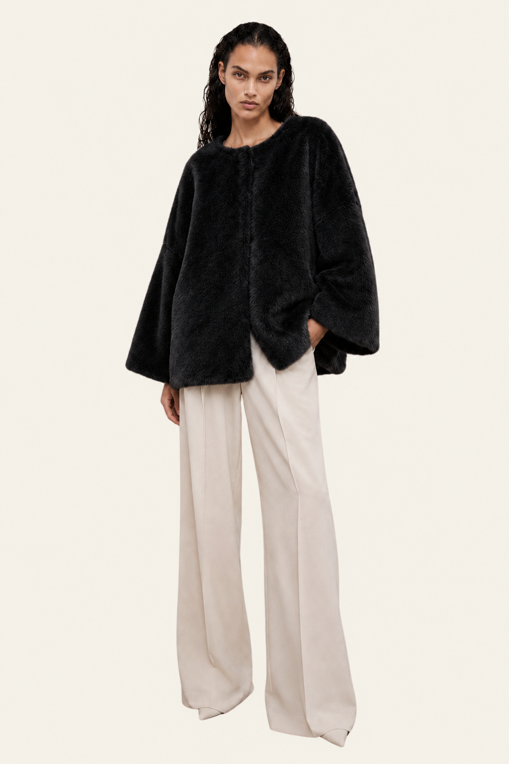 Short-Sleeve Faux-Fur Cape Jacket - Max&Moi — Black