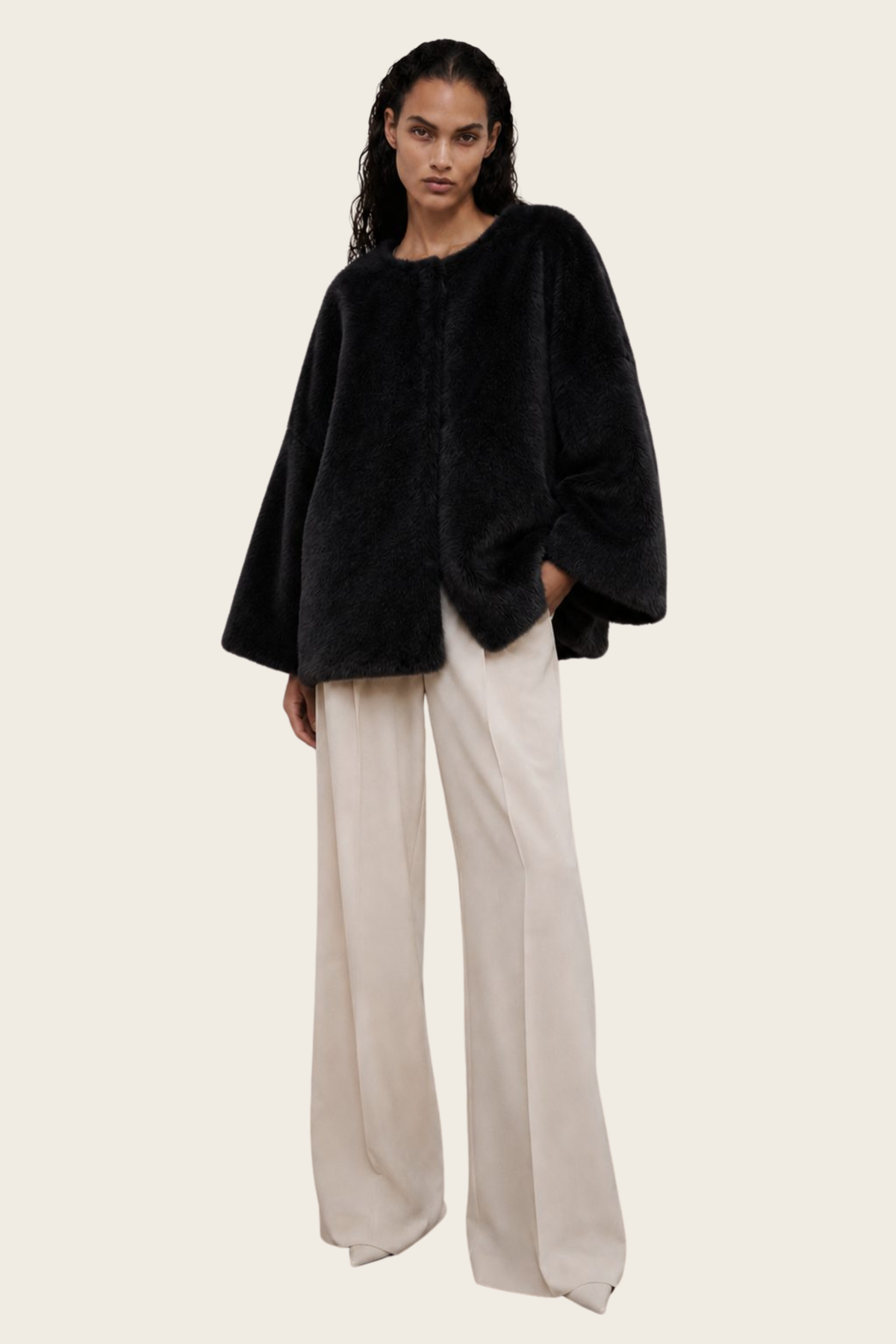 Short-Sleeve Faux-Fur Cape Jacket - Max&Moi — Black