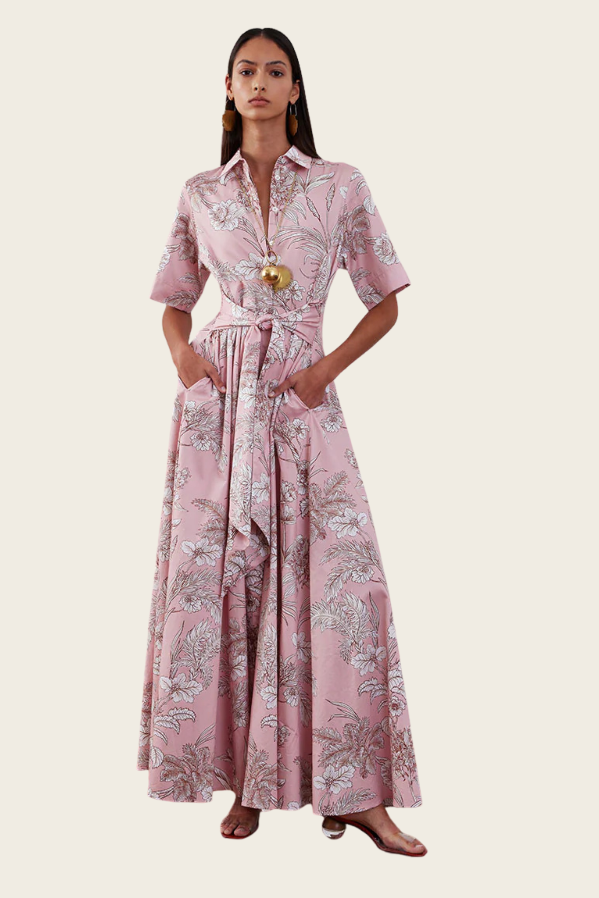 Jungle Pink Posie Cotton Maxi Dress - Borgo de Nor, Material: 100% cotton, Boxy short sleeves, Cinched waist, New Arrivals, SS26, Espace Cannelle