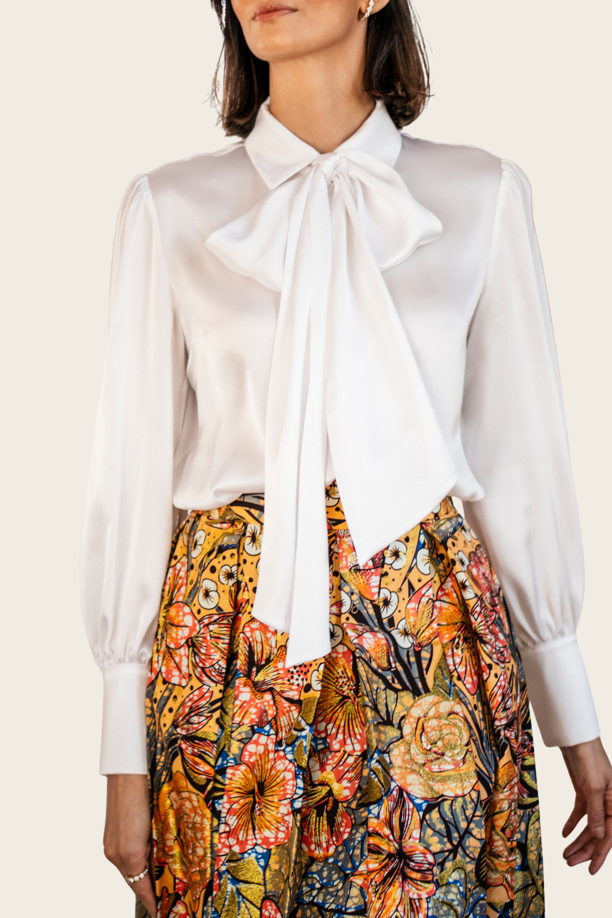 White Silk Blouse with Bow - Roselyn Silva