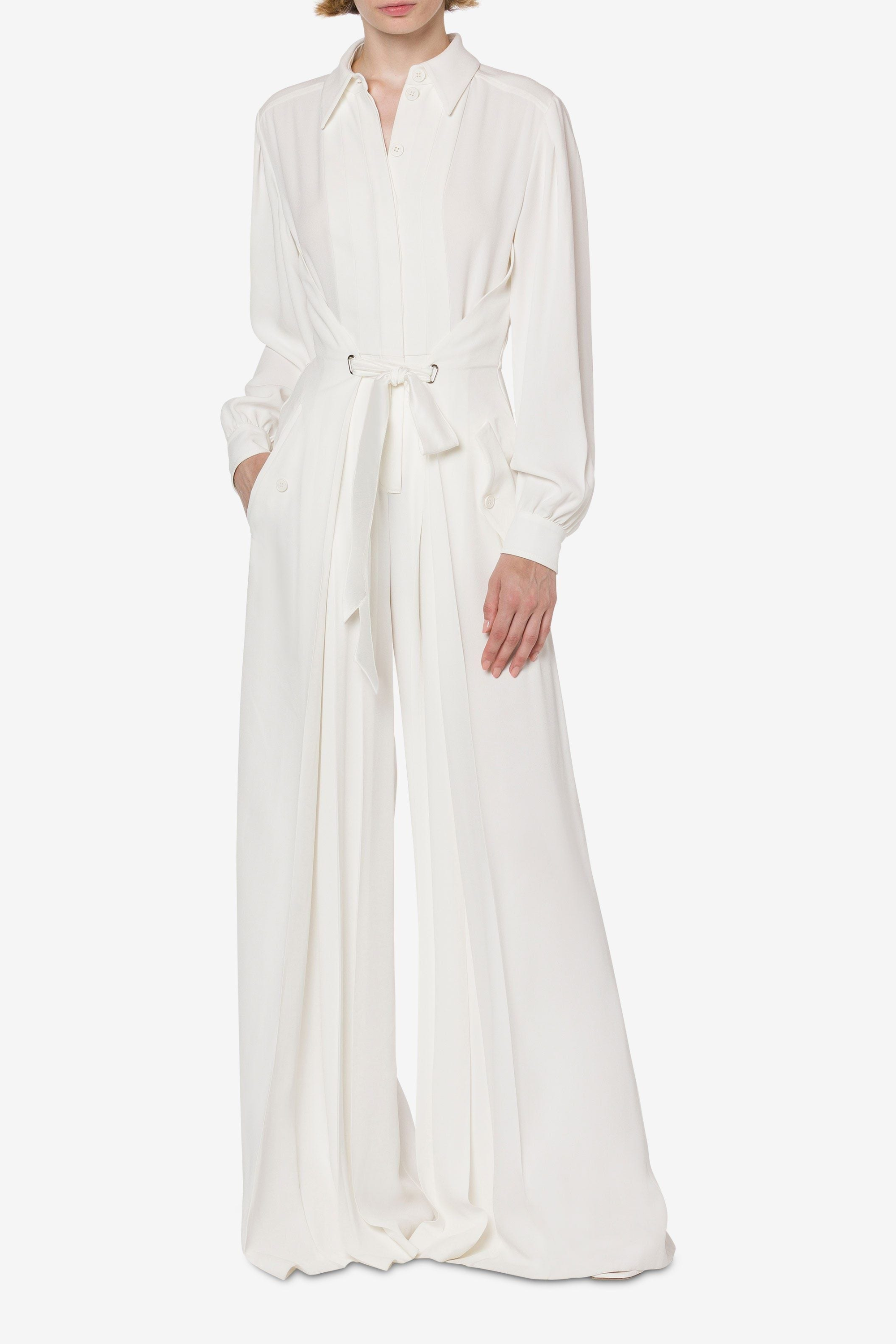 Satin Jumpsuit by Alberta Ferretti, Colour: White, features a fitted cut with a loose, fluid fit, crafted folds and back folds further enhance the softness of the fabric, SS23 Collection, New arrivals at Espace Cannelle
