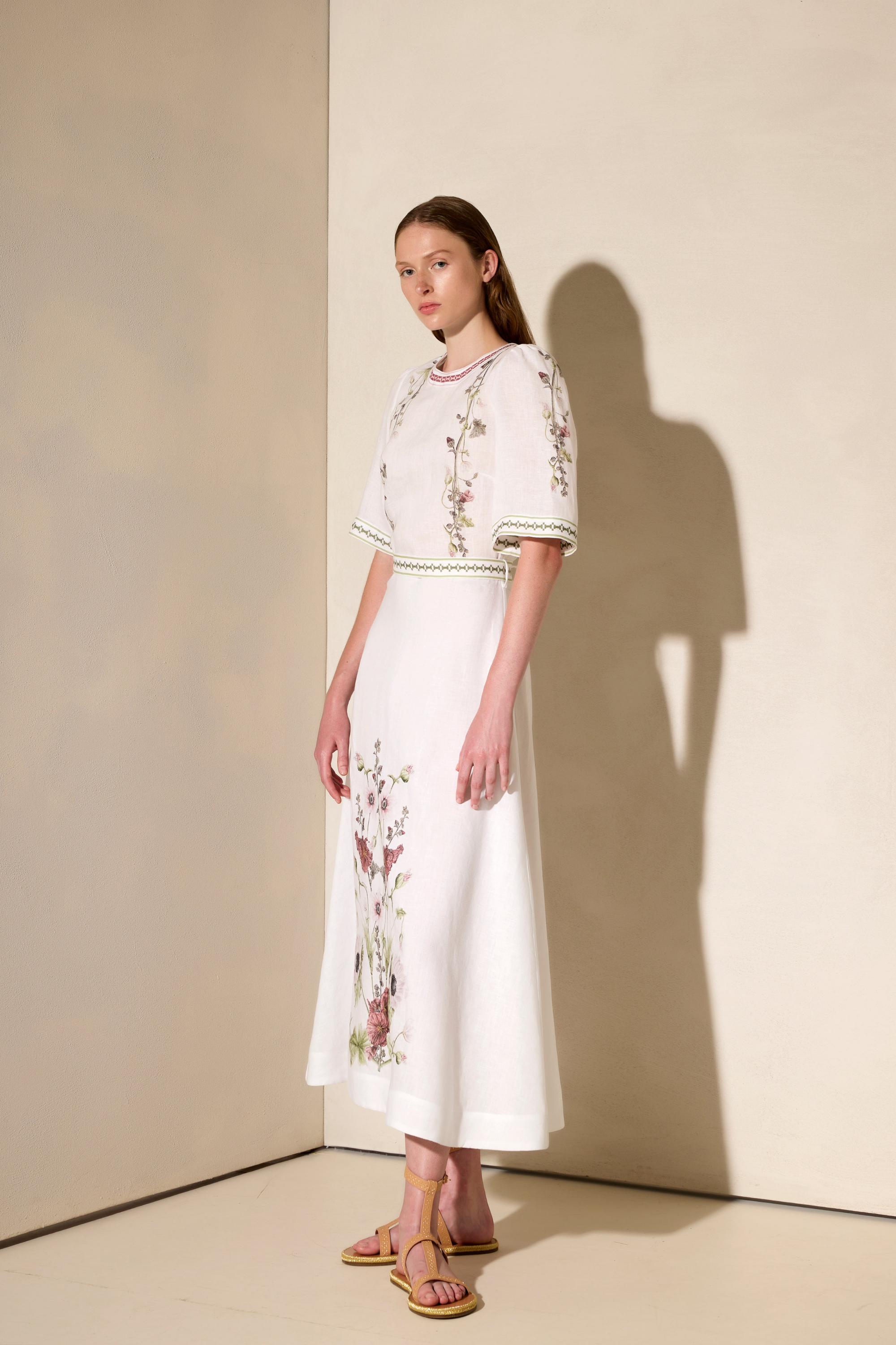 Wild Flowers Long Dress, Colour Off White, Short puff sleeves, 100% Linen, Fitted waist, New Arrivals, SS25, Espace Cannelle