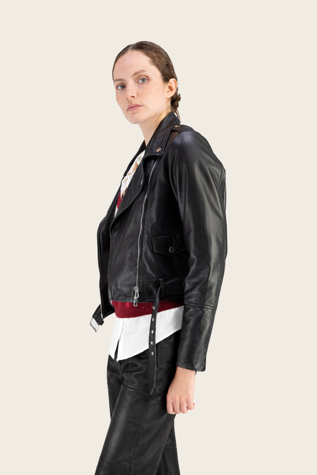 Black Biker jacket by Max&Moi, side view showing long sleeves and hem belt - espace cannelle