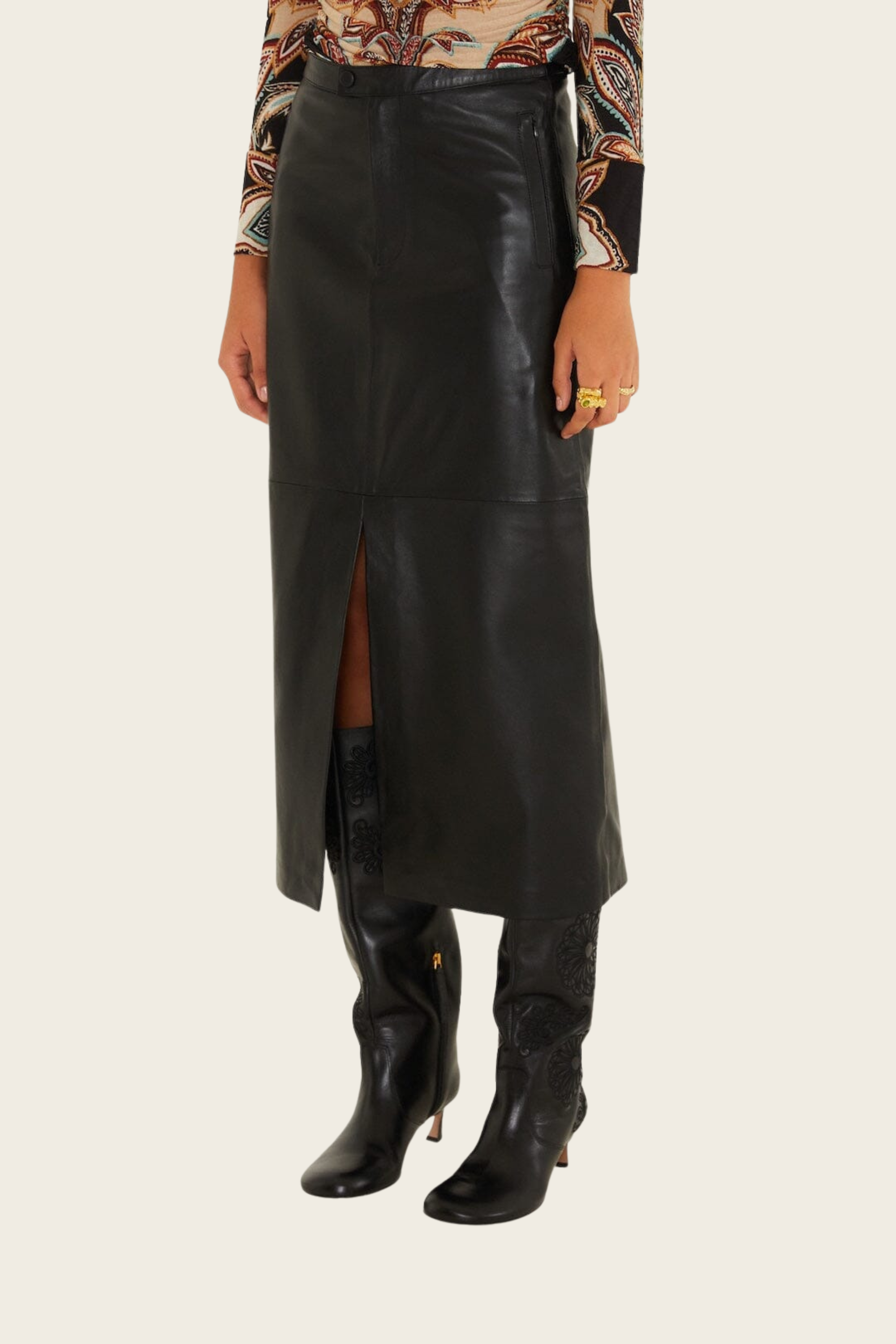 Black Leather Midi Skirt - FARM Rio