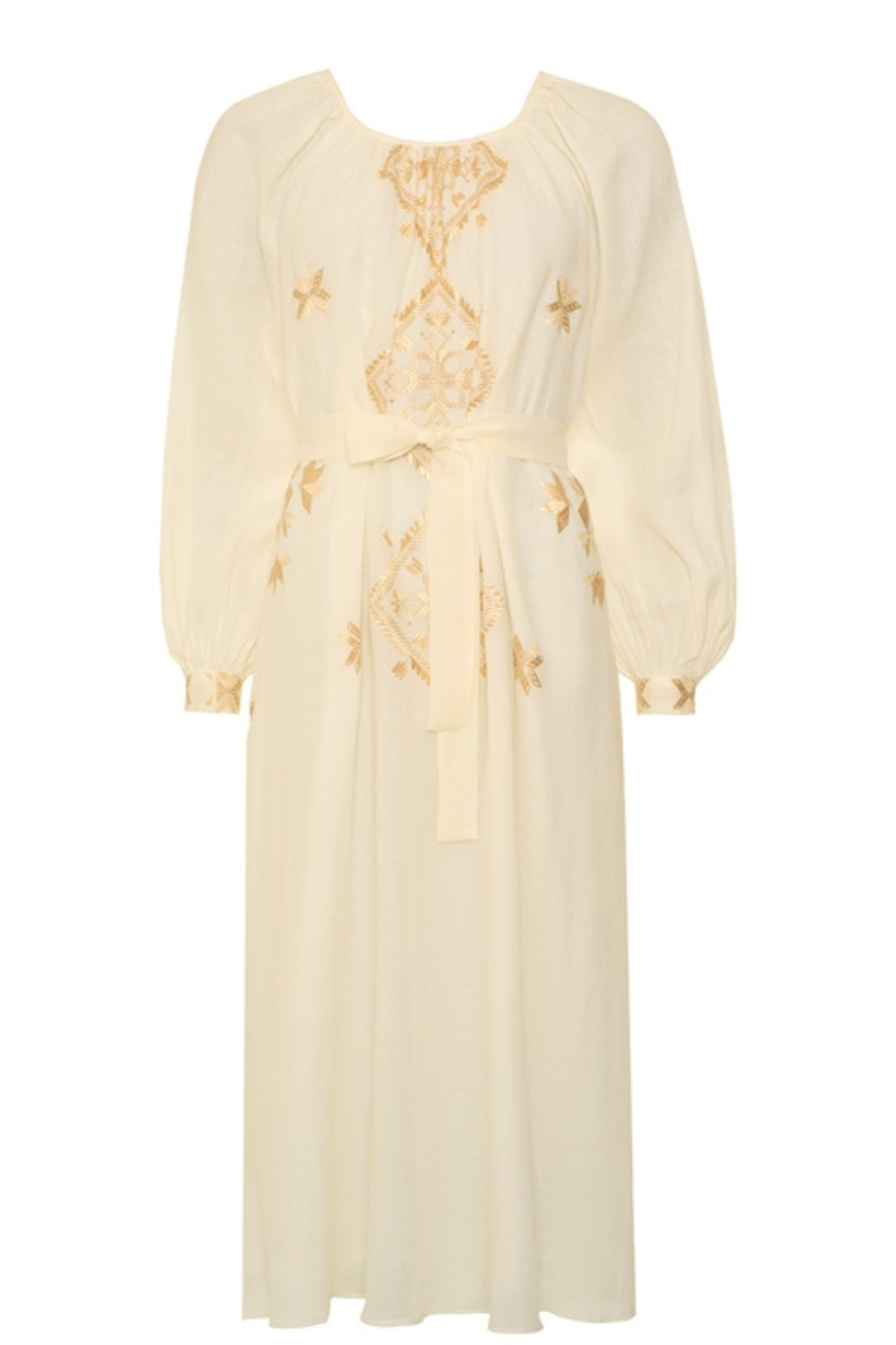 Lefkada Long Sleeve Midi Dress, Colour White and Gold, Composition 100% ramie linen, Round neckline with pleated detail, New Arrivals, SS25, Espace Cannelle