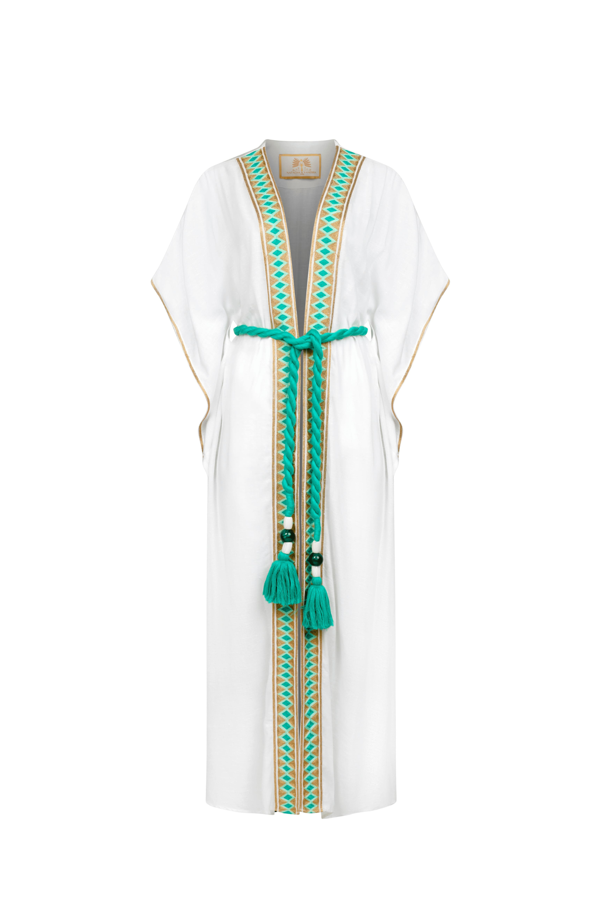Océane Dress, Colour white with green and gold embroidery, Composition 53% Cotton 47% Viscose, New Arrivals, SS25, Espace Cannelle