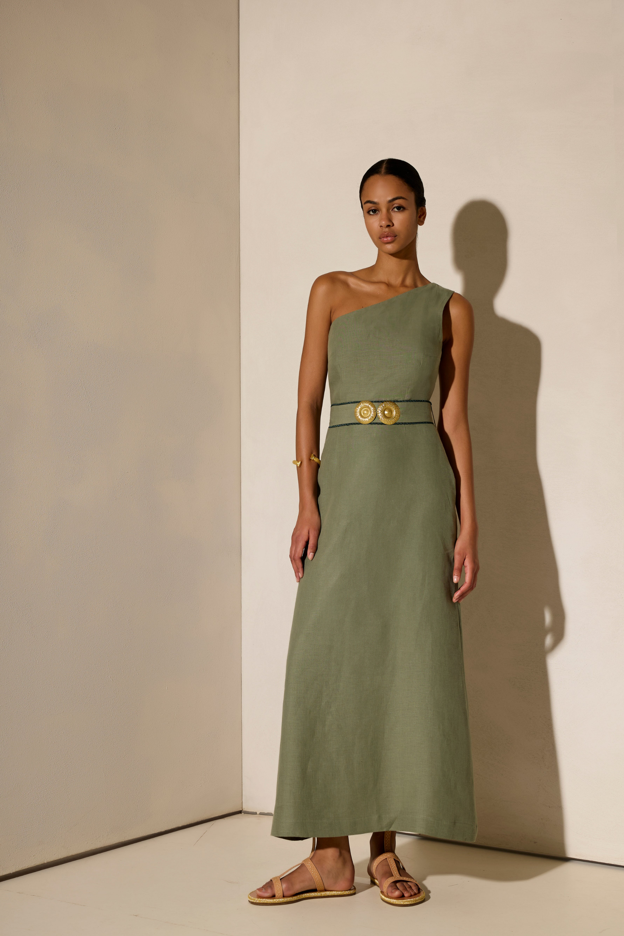 Ino One Shoulder Dress, Colour Olive Green, 100% Linen, Gold-tone buckle detailing, Side slit, New Arrivals, SS25, Espace Cannelle