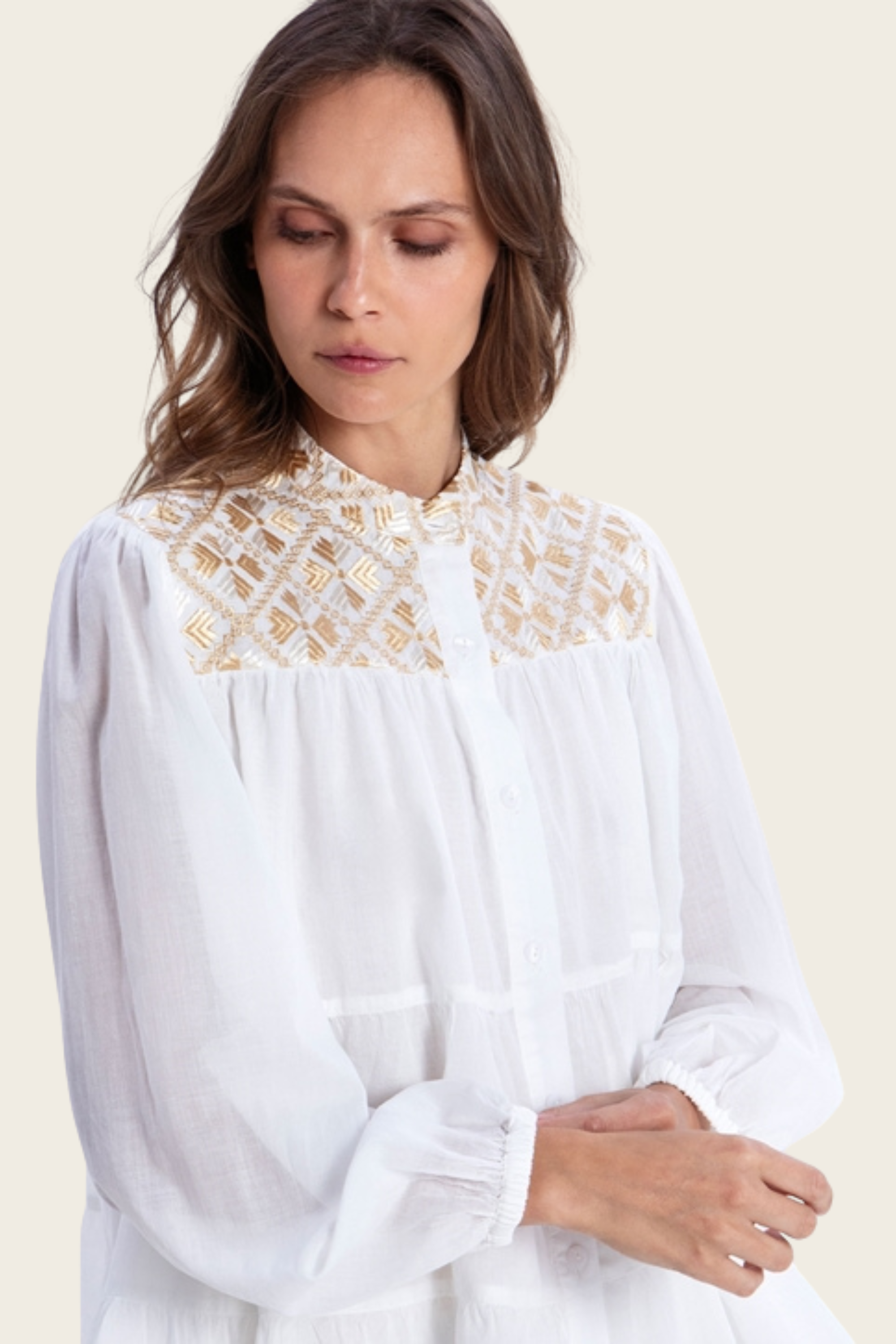 Cotton Embroidered Flakes Shirt - Greek Archaic Kori - ESPACE CANNELLE