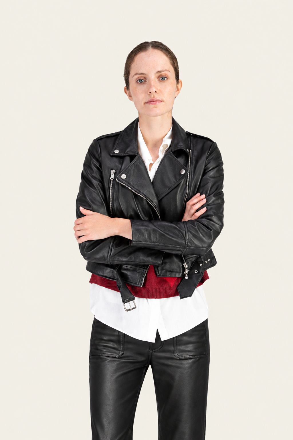 Black Biker jacket by Max&Moi, front view with asymmetric zip and hem belt
