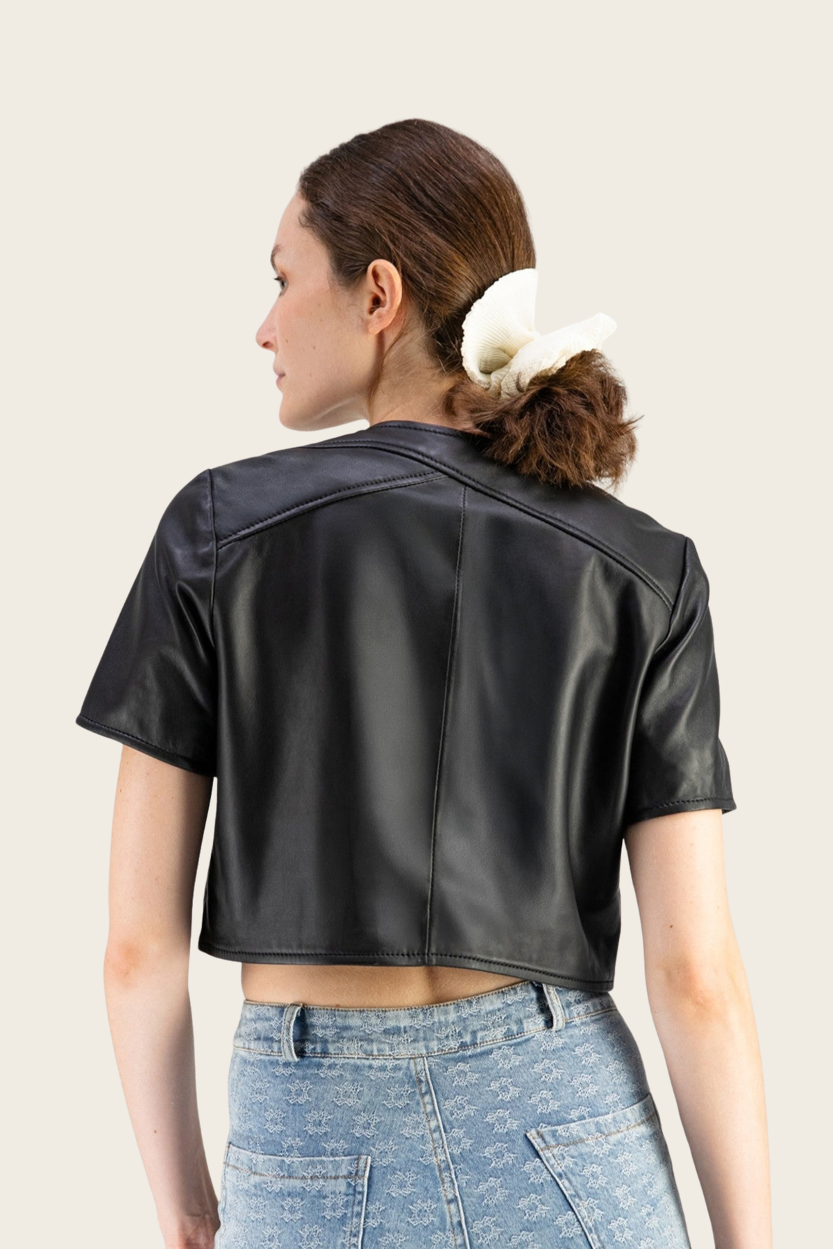 Black Western jacket by Max&Moi, back view showing diagonal shoulder seam and short sleeves - espace cannelle