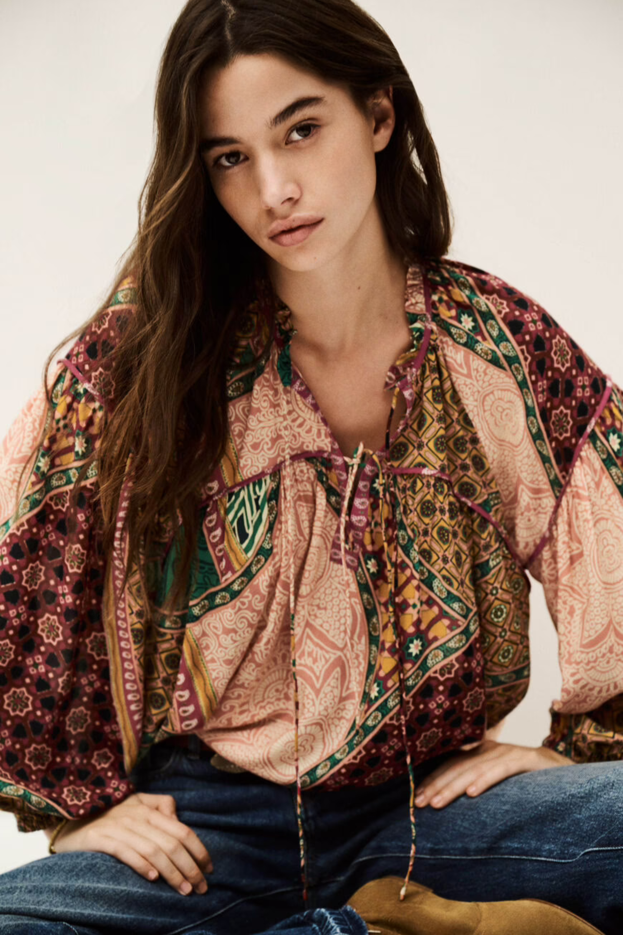Faith blouse, Composition: 100% viscose, Colour: Multicolour, V-neckline with lace-up detail, New Arrivals, SS25, Espace Cannelle