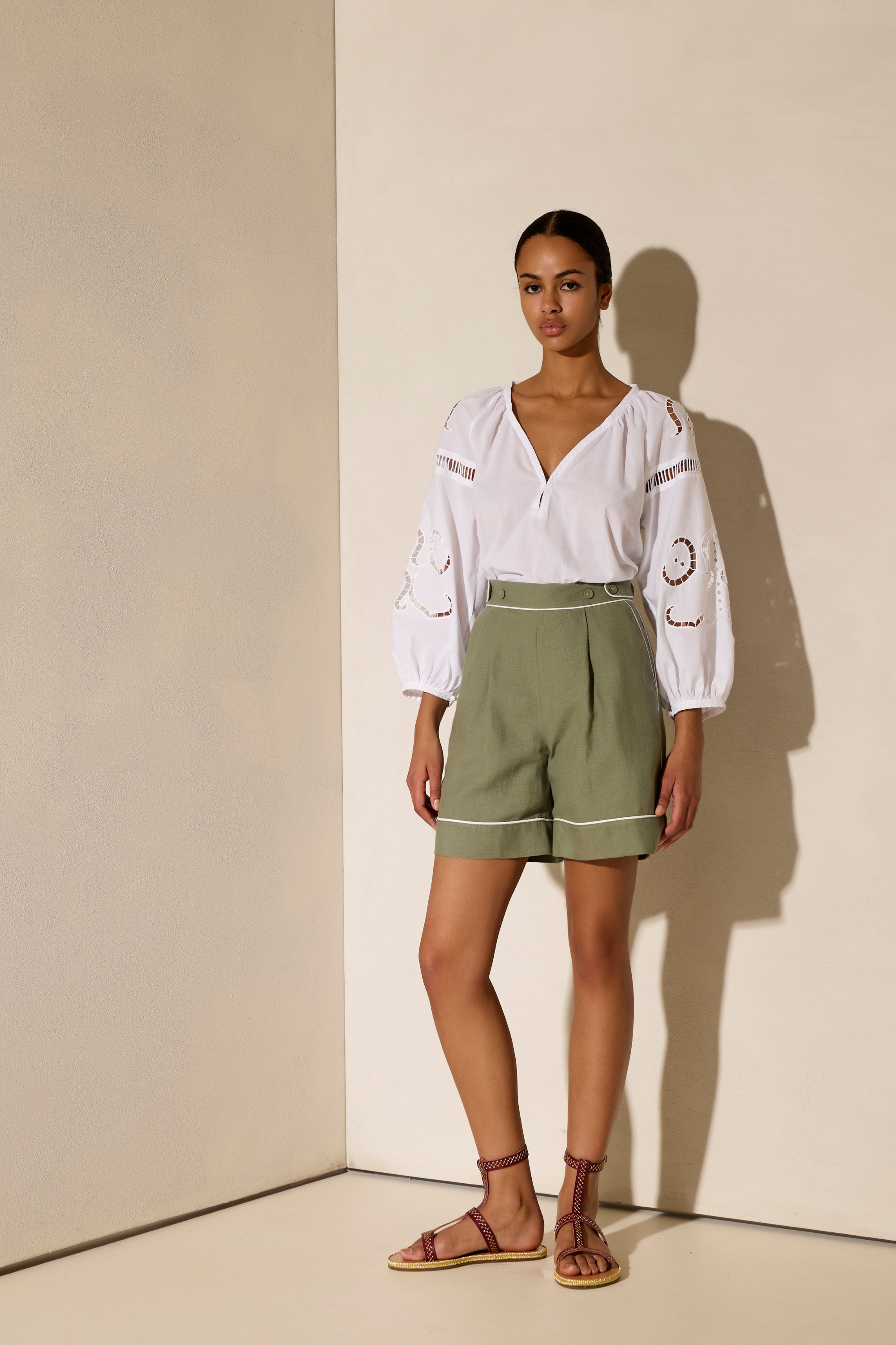 Iphigenia Cut Embroidered Blouse, Colour White, 100% Cotton, V-slit neckline, New Arrivals, SS25, Espace Cannelle
