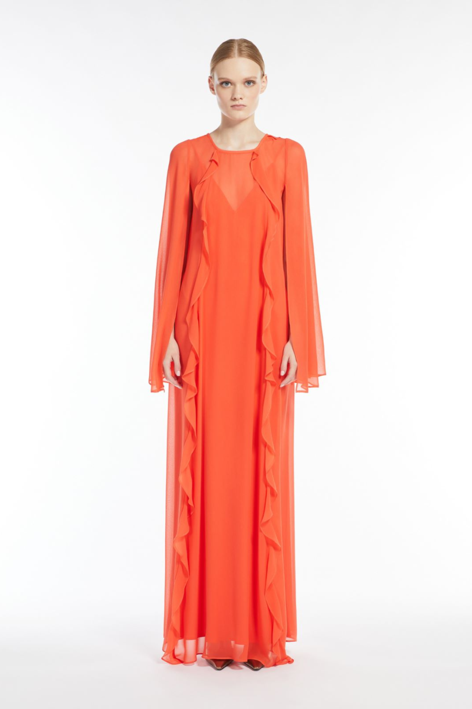 Smirne georgette dress, Dress Composition: 100% Silk, Colour: Coral, Loose-fitting long cape sleeves, New Arrivals, SS25, Espace Cannelle
